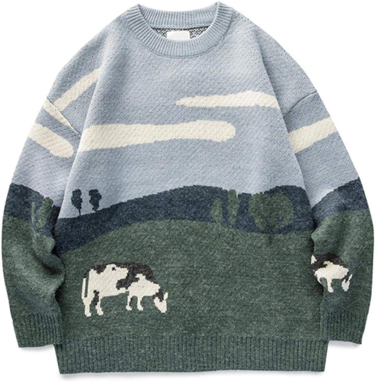 Vintage Cow Print Sweater for Men & Women - Cartoon Cloud Tree Design Pullover Knitwear, Cozy Streetwear Fashion for Casual Outings & Winter Layering