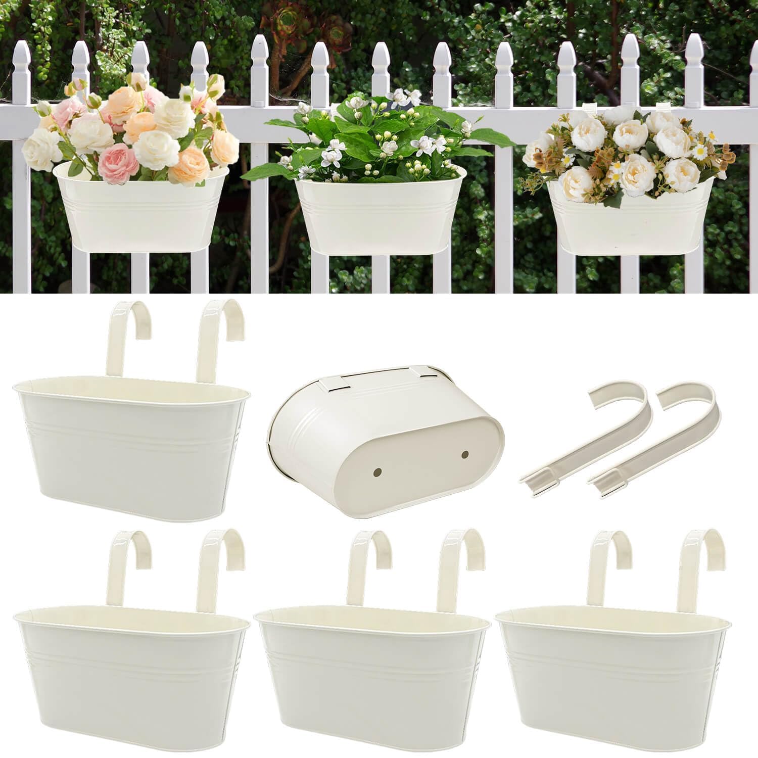 Vensovo 5-Pack White Metal Railing Planter Box for Outdoor Plants - Oval Hanging Flower Pots with Detachable Hooks & Drain Holes - Perfect for Balcony, Garden Fence, Deck & Patio Decor