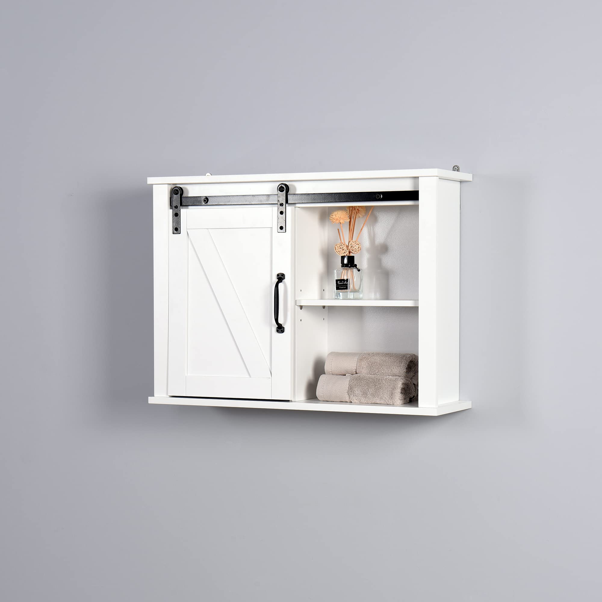 Mancofy White Wooden Bathroom Wall Cabinet with 2 Adjustable Shelves - Barn Door Style Storage Cabinet (27.16x7.8x19.68 Inch) - Perfect for Bathroom Organization, Small Space Storage & Farmhouse Decor