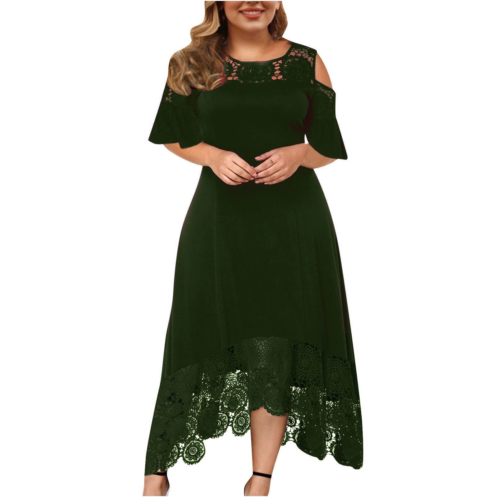 2023 Summer Plus Size Lace Cold Shoulder Maxi Dress for Women - Elegant Wedding Guest, Casual Workout & Flowy Swing Dress for Beach, Party & Office Wear