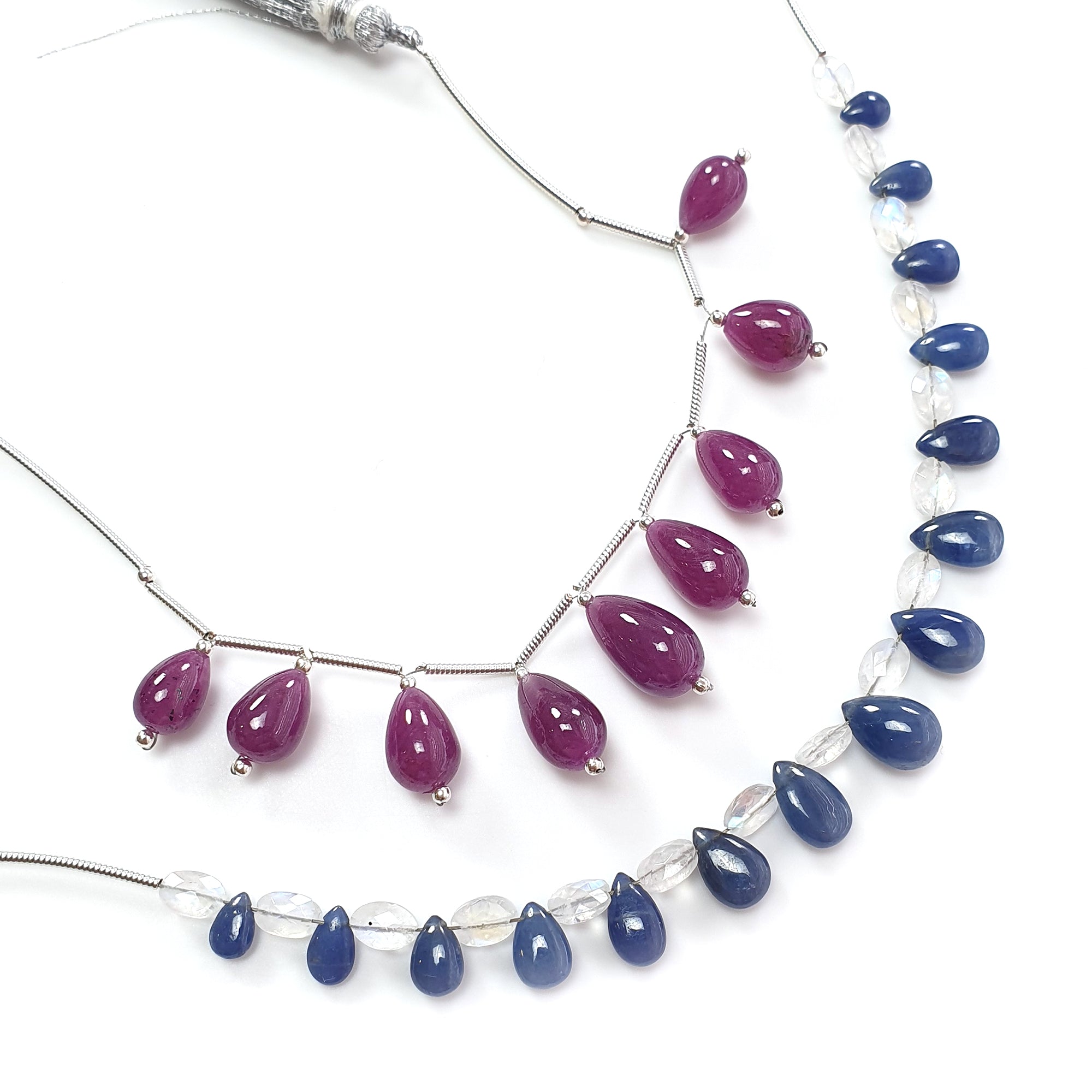 Natural Untreated Purple Ruby & Blue Sapphire Moonstone Loose Beads - 925 Sterling Silver Pear & Teardrop Cushion Beads for Jewelry Making, DIY Crafts & Healing Crystal Bracelets
