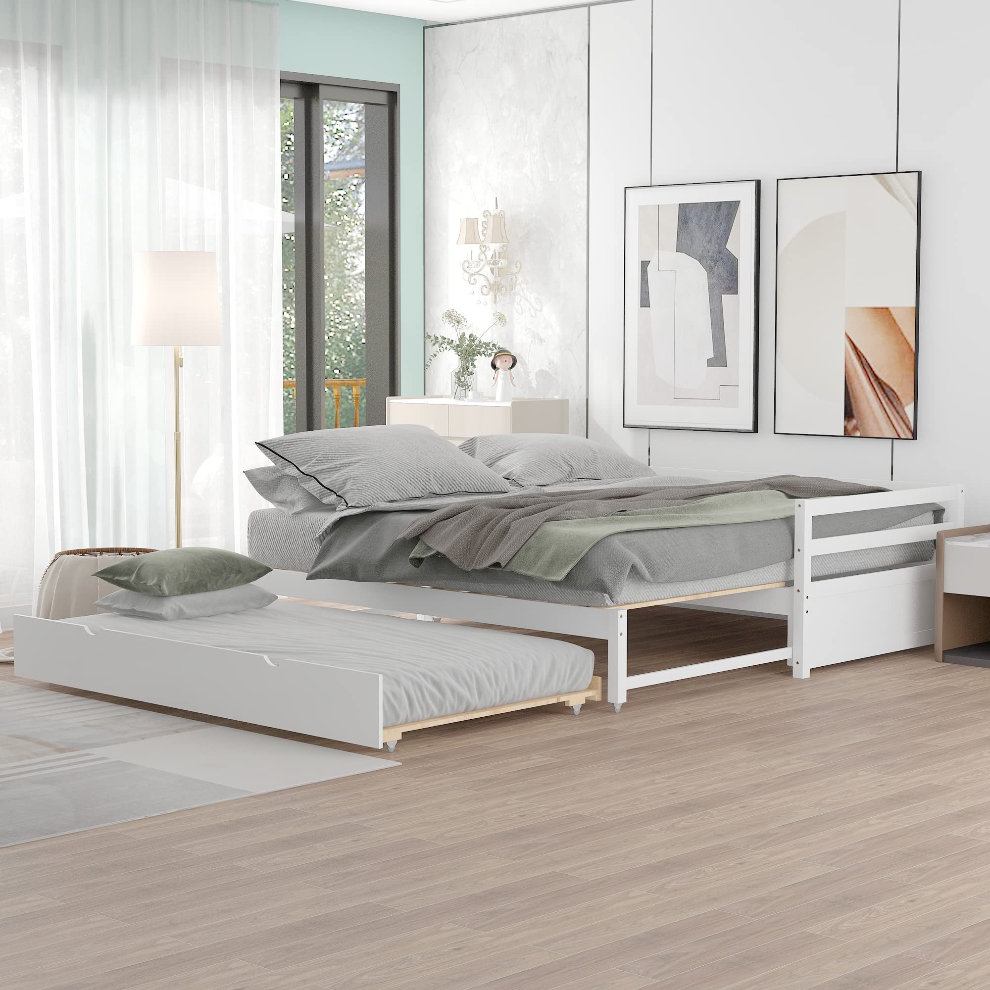 Solid Pine Wood Extendable Twin to King Size Daybed with Trundle - Sturdy Support Frame Sofa Bed for Living Room, Guest Room & Kids Bedroom (White) | Perfect for Small Spaces, Sleepovers & Multi-Functional Furniture Needs