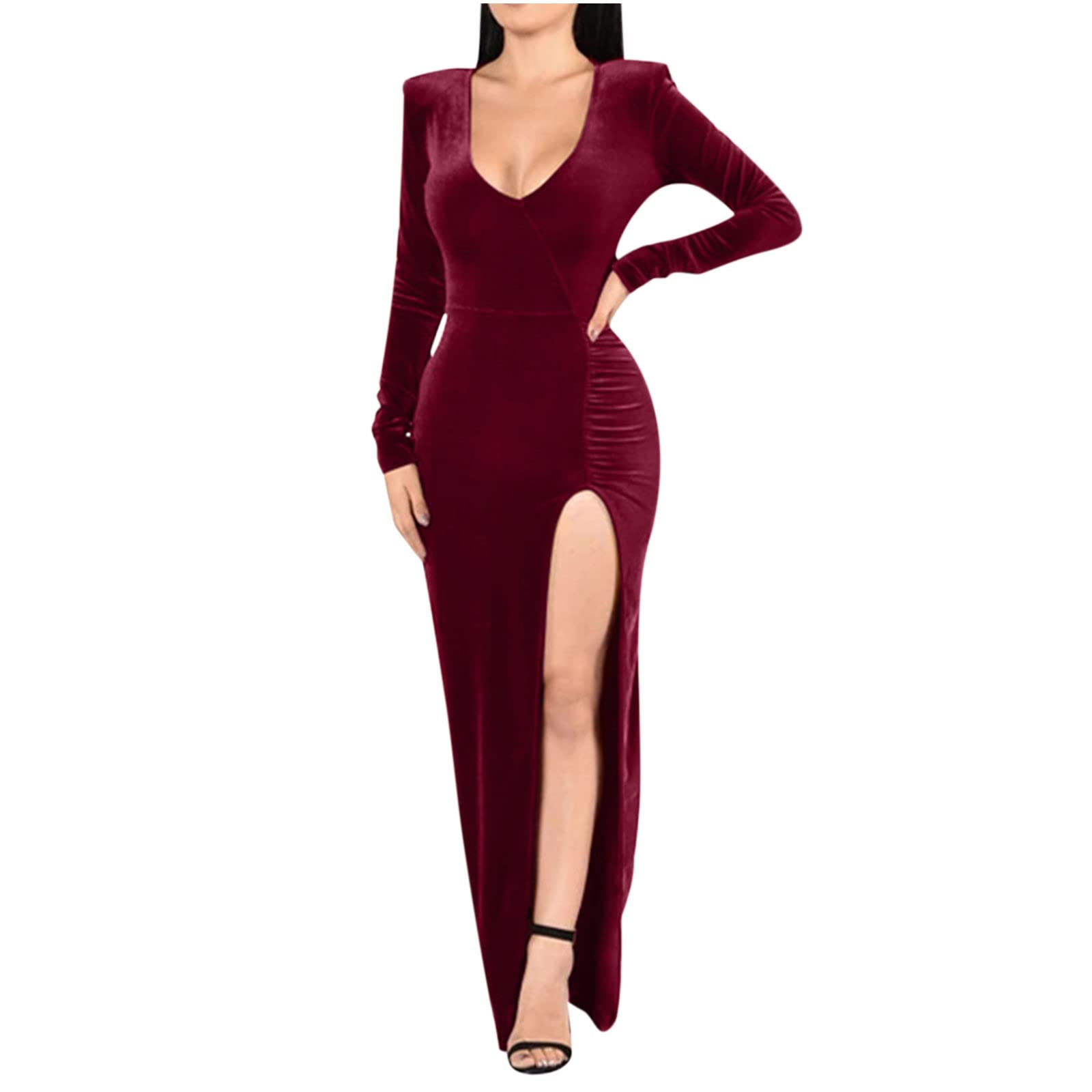 Sexy Velvet Maxi Dress for Women - Long Sleeve Bodycon with V Neck & High Slit, Elegant Formal Cocktail Dress for Wedding Guest, Party & Evening Occasions