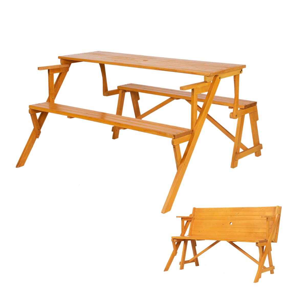 XYZTech Convertible Wooden Picnic Table & Bench Set - Outdoor Patio Dining Furniture, Folding 1-Piece Camping Table with 1.5