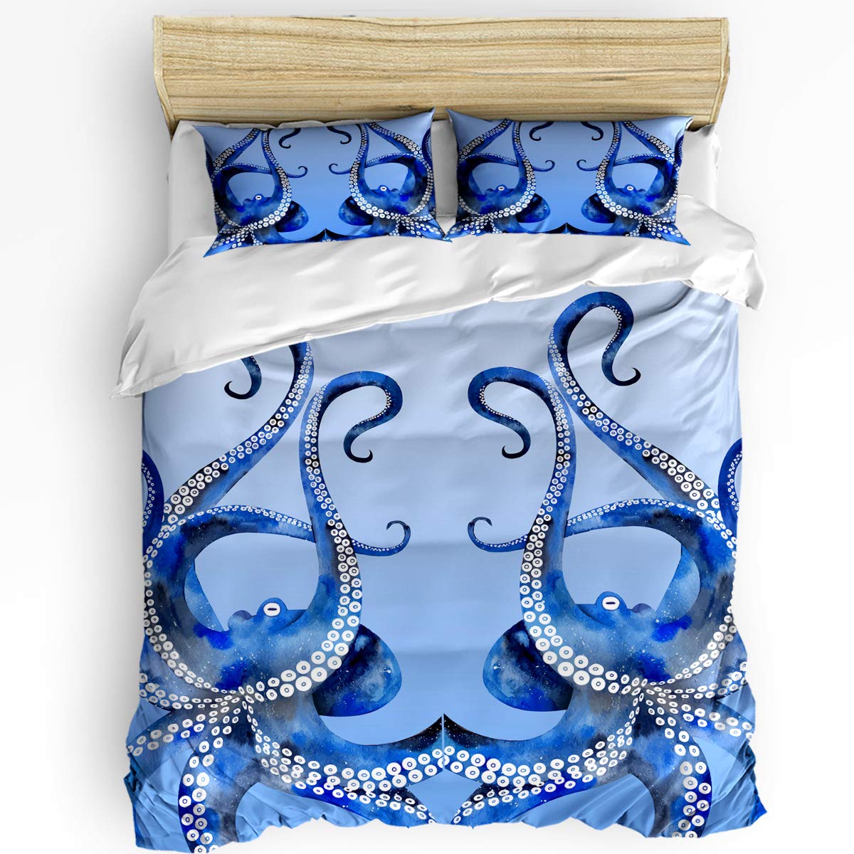 3-Piece Printed Duvet Cover Set Twin Size - Blue Octopus Design, Includes 1 Duvet Cover & 2 Pillow Shams | Soft Comforter Quilt Cover for Kids & Adults | Perfect for Bedroom Decor, Guest Rooms & Kids' Rooms