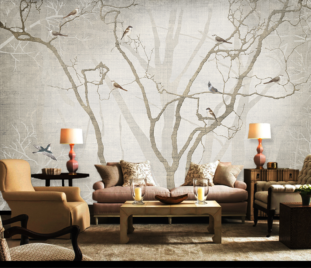 Birds on Tree Trunks Wallpaper Mural - Nature-Inspired Peel & Stick Wallpaper for Living Room, Bedroom Decor - Easy to Install & Removable