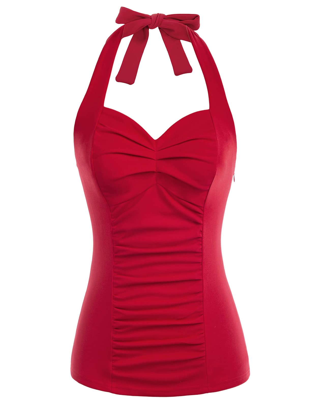 Belle Poque Vintage 1950s Pinup Ruched Halter Tank Top with Sweetheart Neckline - Retro Women's Tops for Summer, Beach, and Pinup Fashion