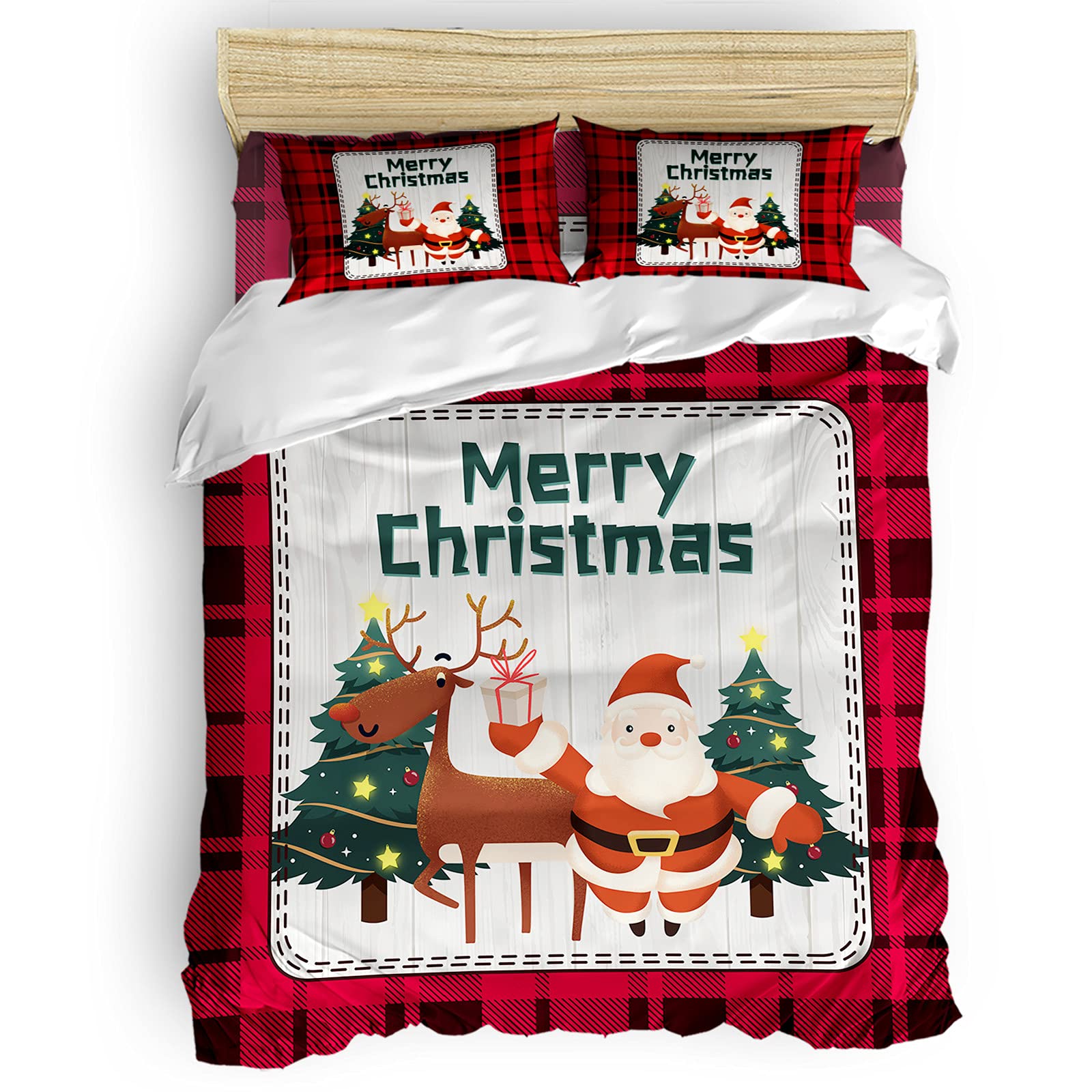 4-Piece Christmas Tree Elk Plaid Bedding Set - Full Size Comforter Cover, Top Sheet & Pillowcases for Kids Boys Girls - Cozy Holiday Bedroom Decor for Guest Room, Hotel, Rustic Barn Wood Theme