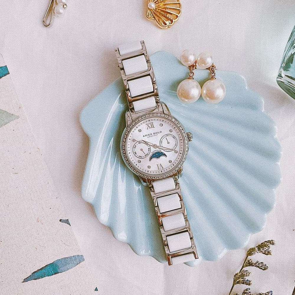 Aries Gold Enchant Luna L 58010L S MP White Ceramic Women's Watch - Elegant Luxury Timepiece for Formal Events & Everyday Wear