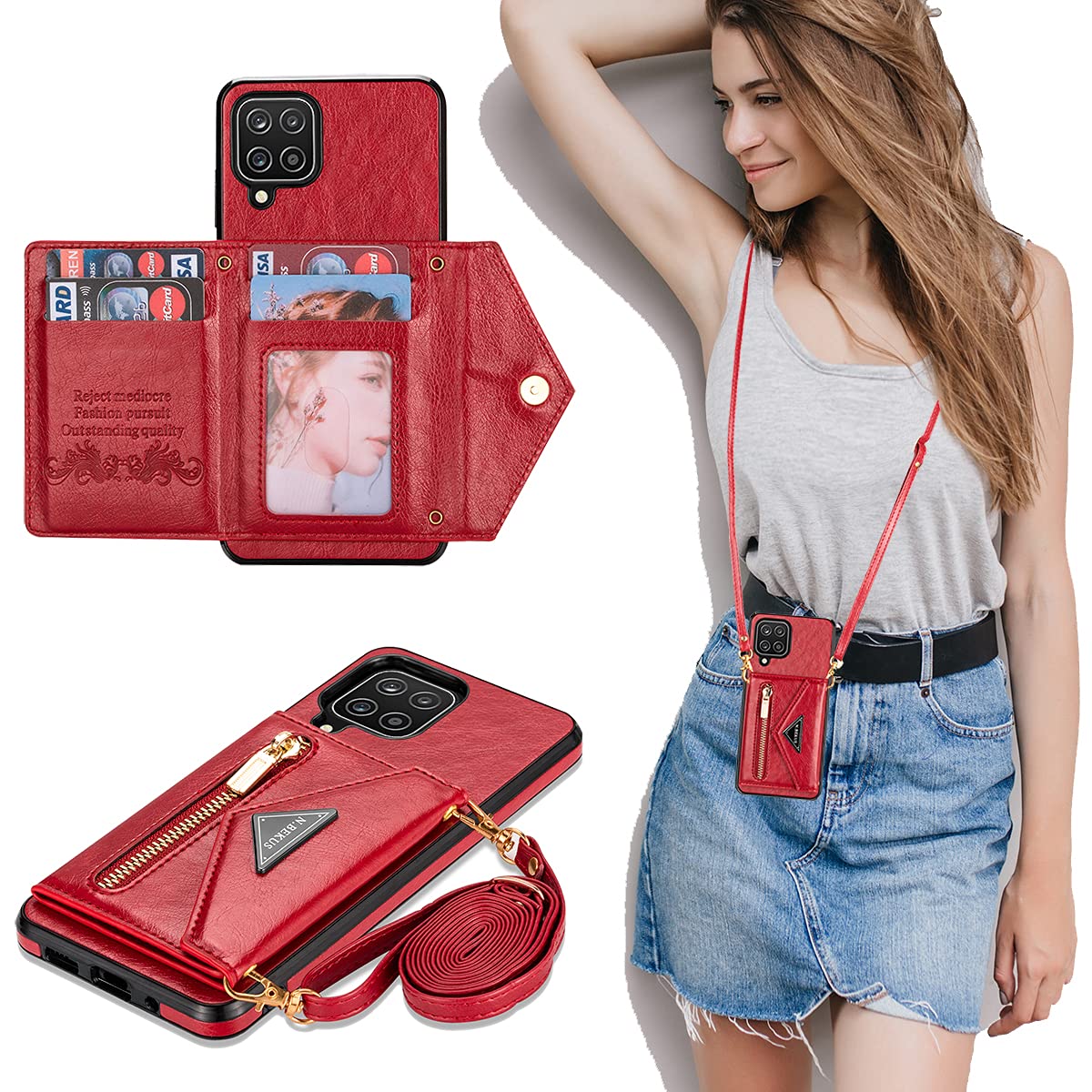 Samsung Galaxy A12 Wallet Case for Women - Crossbody Phone Purse with Lanyard, Zipper Card Holder & Magnetic Closure | Protective Flip Folio Cover | Small Crossbody Bag (Red) - Perfect for Travel, Shopping & Everyday Use