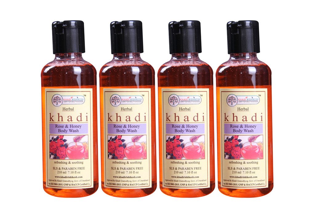 KHADI RISHIKESH Herbal Rose & Honey Body Wash Combo Set - 4 x 210ml (840ml Total) | Natural Ayurvedic Cleanser for Soft, Glowing Skin | Perfect for Daily Shower, Spa Day & Gift Sets