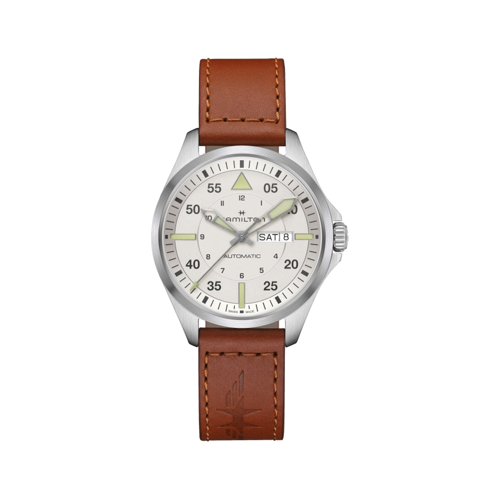 Pilot Day Date 42mm Men's Watch with White Dial and Leather Strap - Perfect for Business, Casual Wear & Formal Occasions