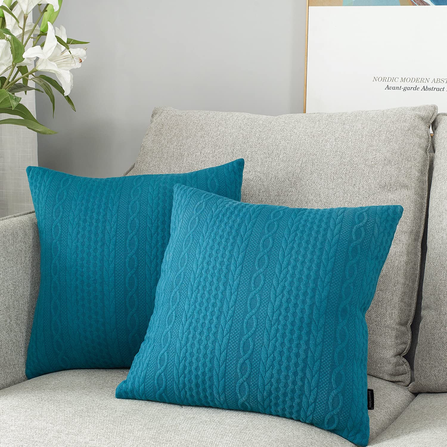 Booque Valley 20x20 Inch Throw Pillow Covers - Pack of 2 Super Soft Modern Embossed Teal Blue Cushion Covers for Sofa, Bed, Car & Chair - Elegant Stretchy Decorative Pillow Cases for Living Room, Bedroom & Office Decor