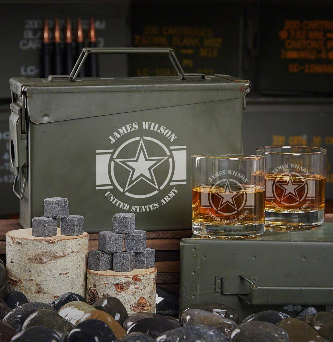 Custom 30 Cal Ammo Can with Engraved Whiskey Glasses - Personalized Military Gift for Men | Whiskey Decanter Set for Home Bar, Man Cave & Outdoor Adventures