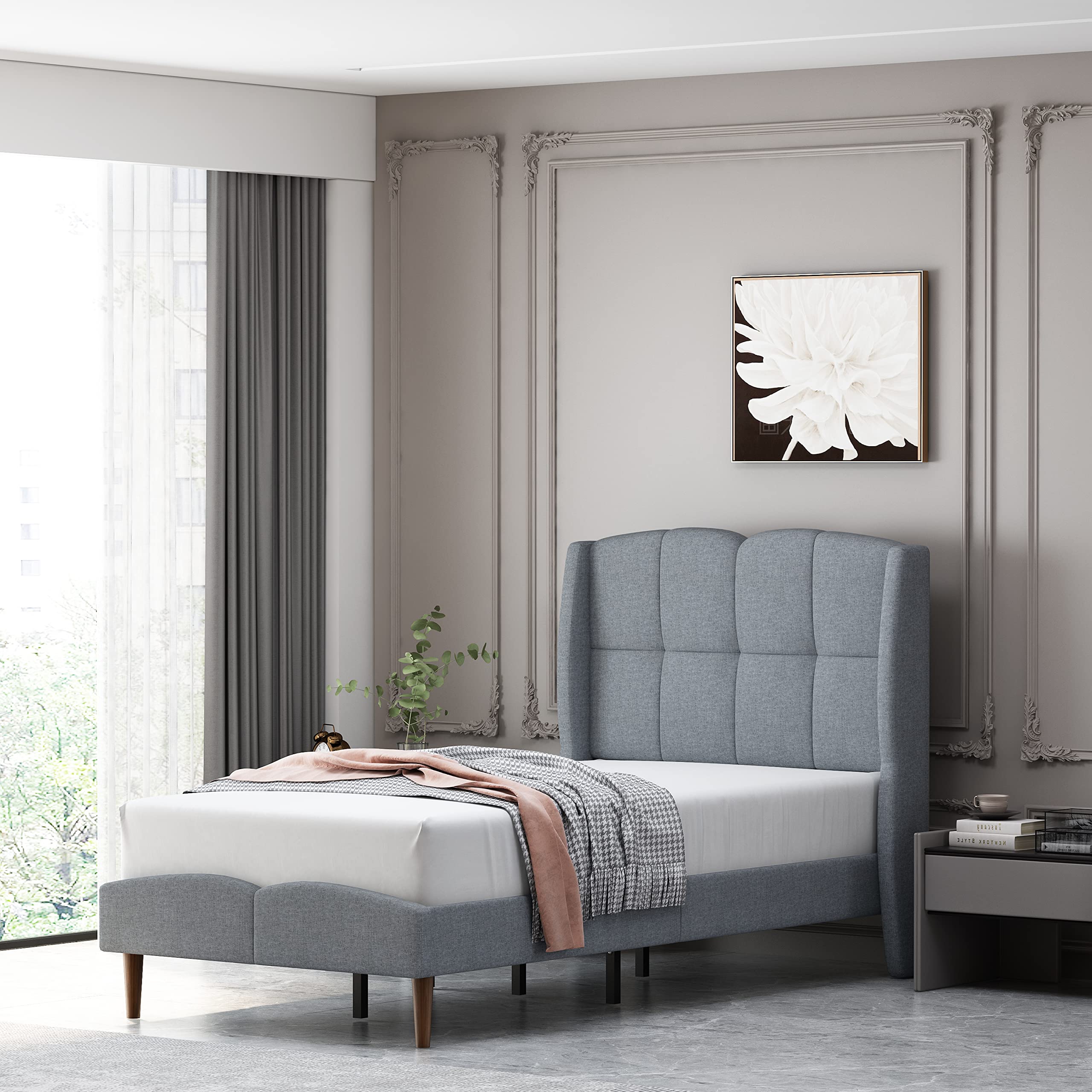 YUHUASHI Modern Upholstered Platform Bed Frame with Geometric Wing Headboard - Twin Size, Grey - Easy Assembly, Noiseless, No Box Springs Needed - Perfect for Small Bedrooms, Guest Rooms & Modern Apartments