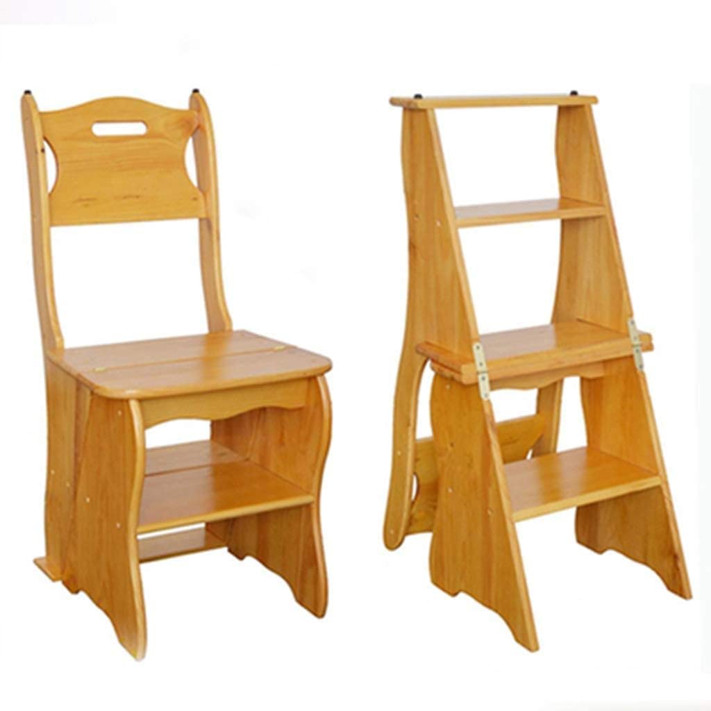 OKUOKA Wooden Step Stool for Home, Foldable Multifunctional Ladder Stool with Storage Shelf - Dual Use as Step Ladder and Chair for Kitchen, Bathroom & Kids Room