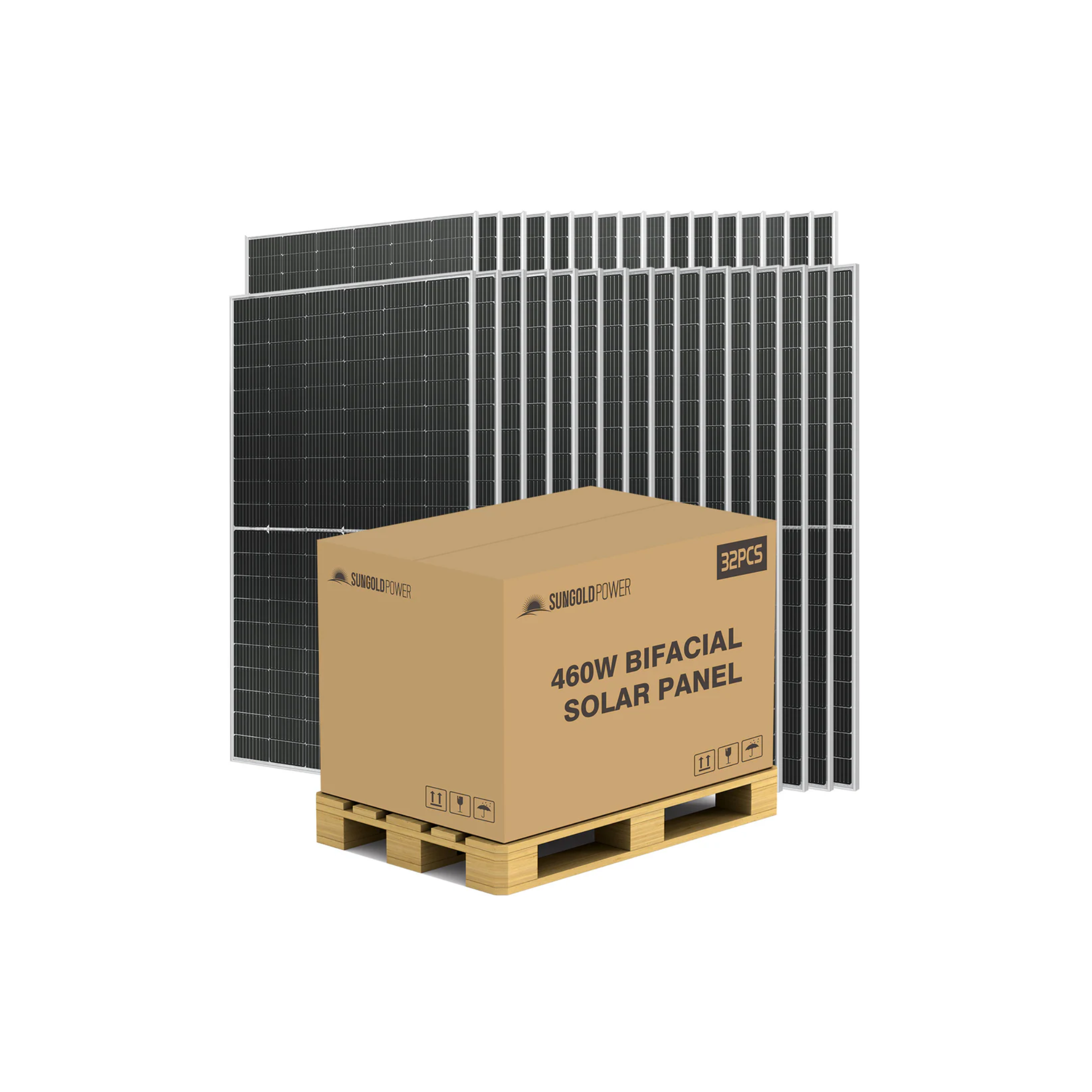 SunGoldPower 460 Watt Bifacial PERC Solar Panel - High Efficiency 32-Panel Pallet (14.72kW Total) for Home & Commercial Solar Systems | Rooftop, Ground Mount, Off-Grid Applications