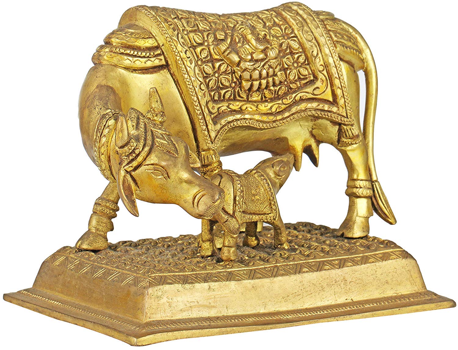 Pink Lotus Mother Cow with Calf Brass Statue - Hindu & Buddhist Home Decor, Yoga Meditation Altar Piece, Spiritual Gift for Housewarming