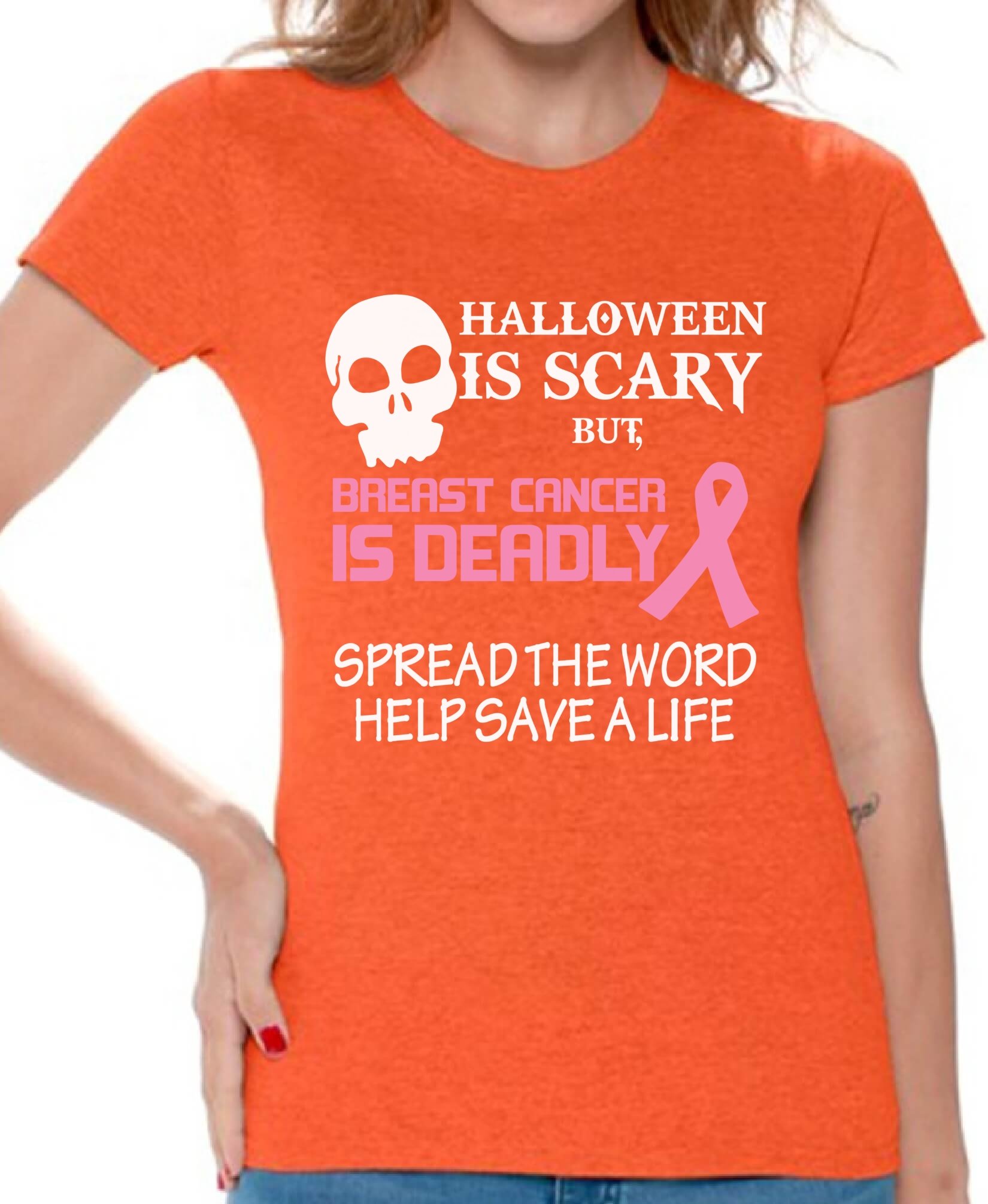 Awkwardstyles Women's Halloween Scary T-Shirt - Breast Cancer Awareness Shirt with Free Bookmark - Perfect for Halloween Costumes & Cancer Support Events