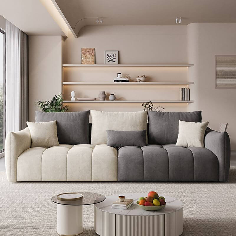 Minimalist Pine Off White Grey Peony Floor Sofa 3 Seater with Wide Pillow Back & Square Arm - Modern Living Room Furniture for Small Spaces, Lounge, Reading Nook & Cozy Home Decor