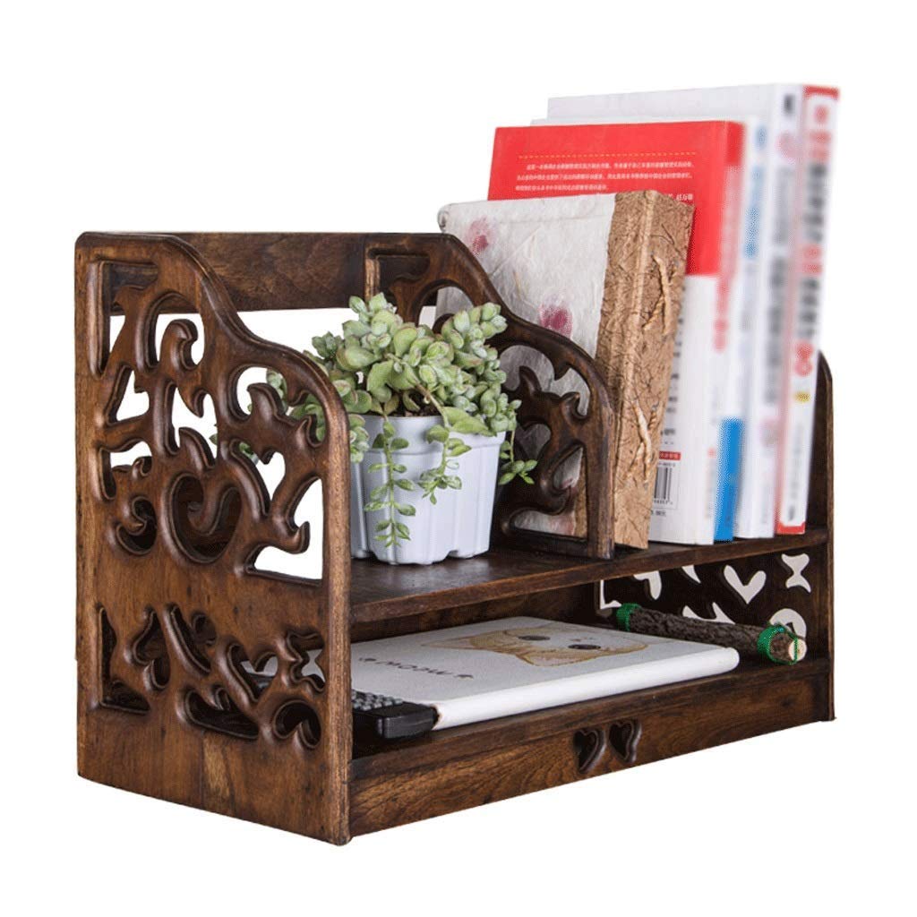 Solid Wood Desktop Bookshelf - Retro Double Layer Shelf Rack for Books, Documents & Display | Home Office Storage Organizer | Perfect for Living Room, Study & Workspace Organization (Brown)