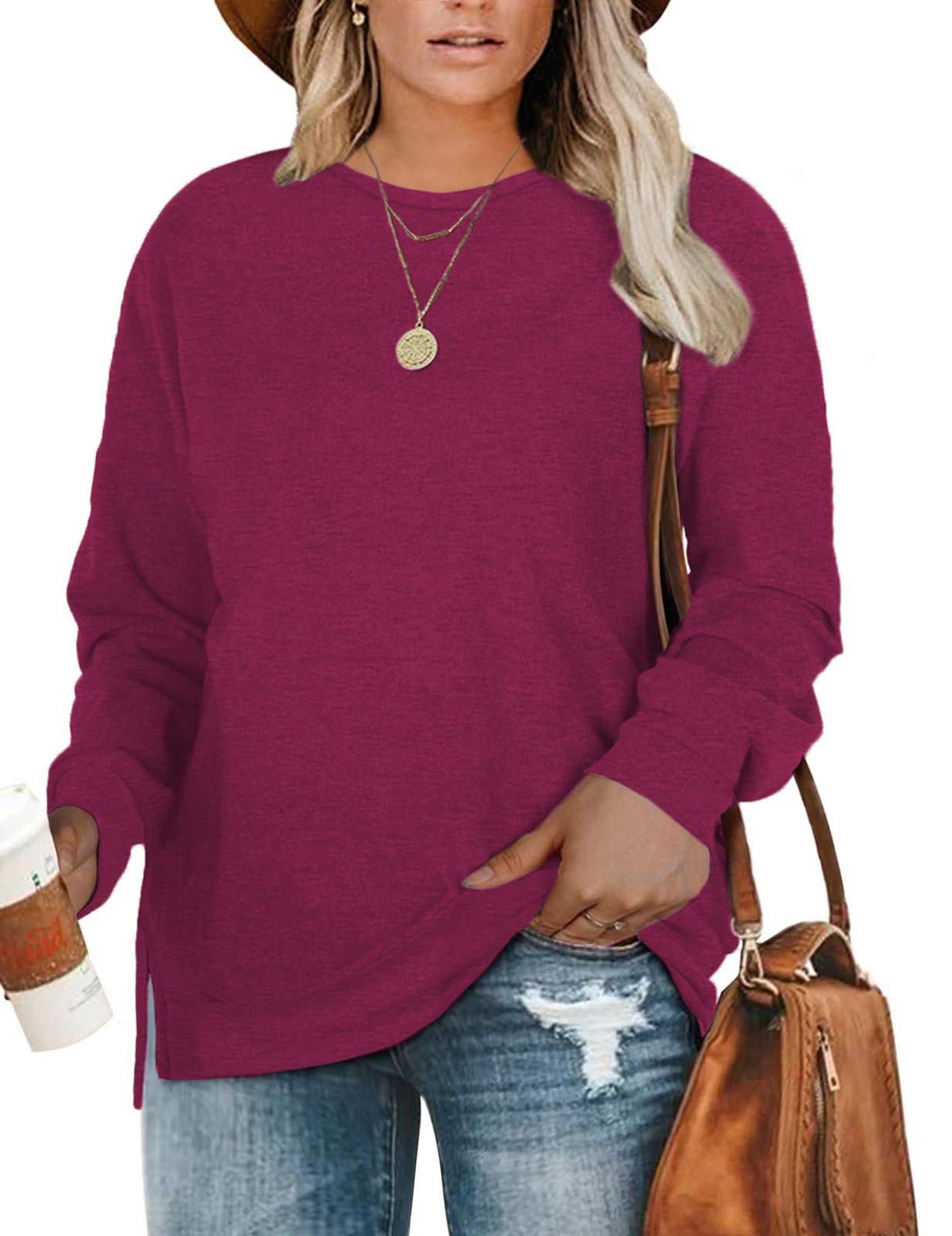 DOLNINE Plus-Size Sweatshirts for Women - Casual Long Sleeve Side Slit Pullover Tops | Comfortable Loungewear for Home, Work & Weekend Outings