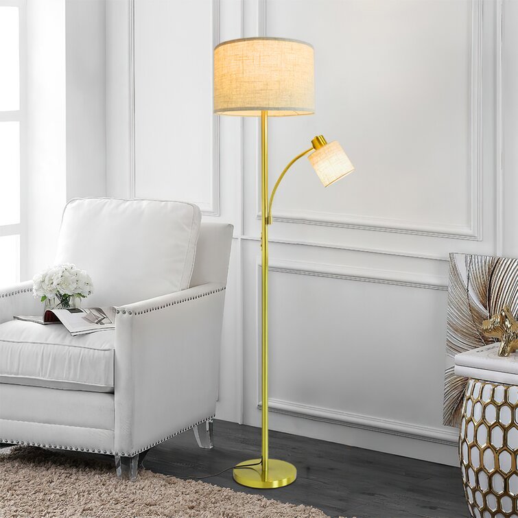 Rustic Modern Tall Pole Floor Lamp with 2 Adjustable Heads - Mother and Child Design, Fabric Drum Shade, 3000K Warm White Eye-Caring Light (Bulb Included) for Living Room, Bedroom, Study Room | Perfect for Reading, Working & Creating Cozy Atmosphere