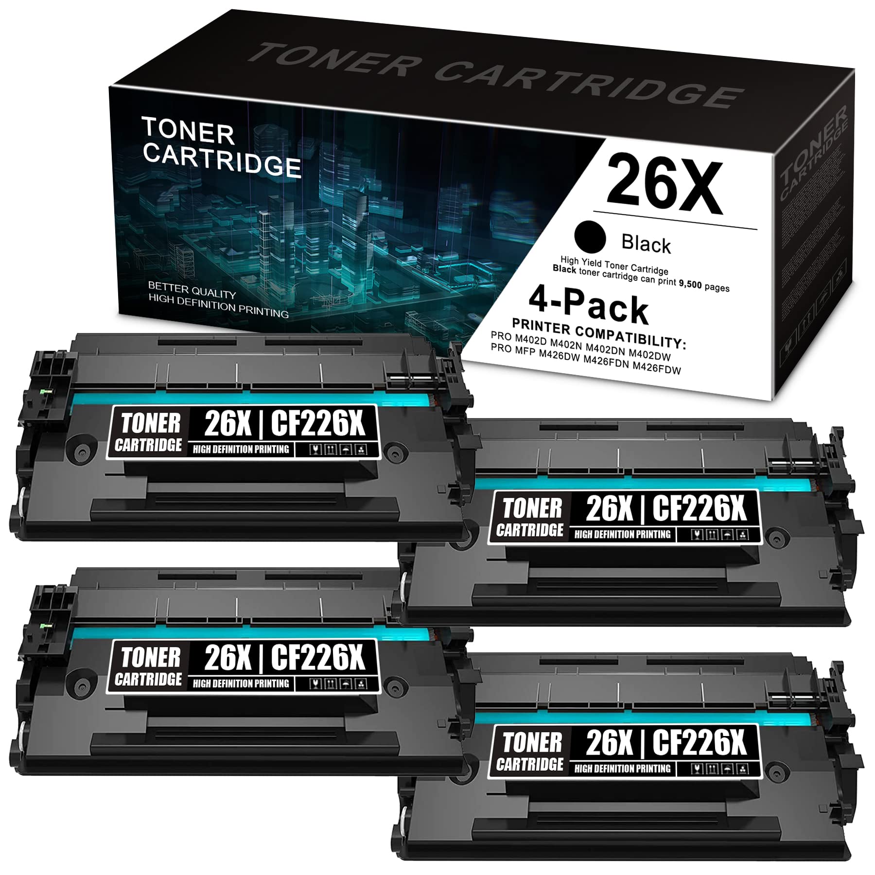 4-Pack Black HP CF226X Toner Cartridge for M402-M403 Printers - High Yield Replacement for Office Use