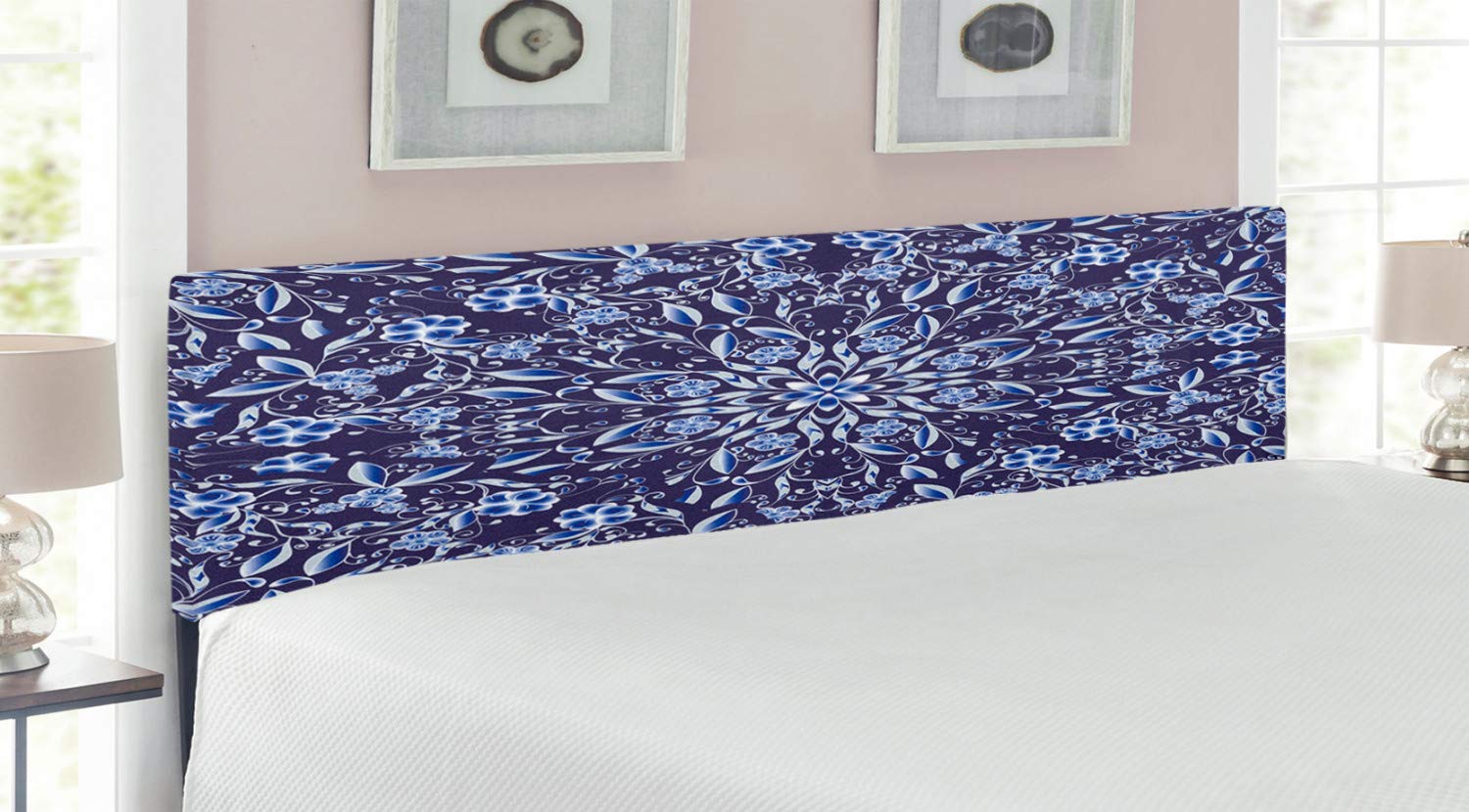 Ambesonne Winter King Size Headboard - Traditional Chinese Floral Art Upholstered Metal Bed Frame with Memory Foam, Dark Violet Blue | Perfect for Master Bedroom, Guest Room & Home Decor