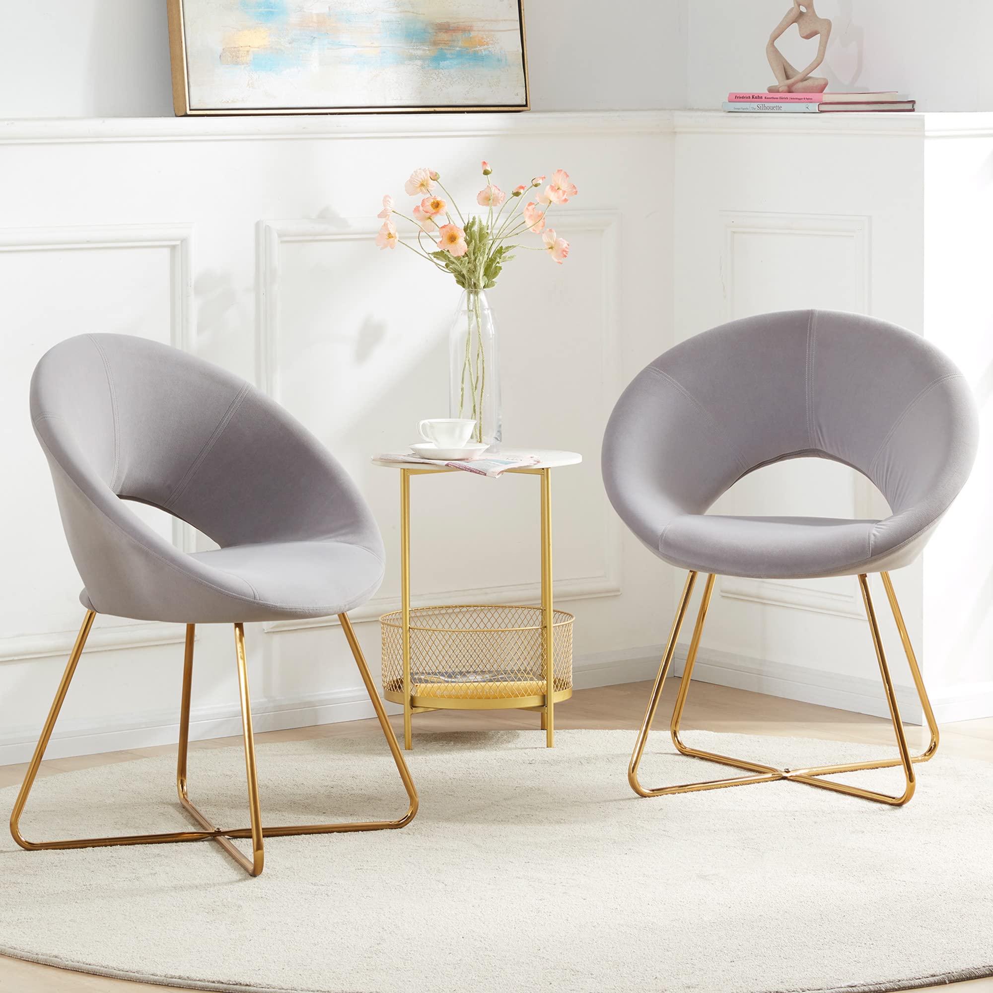 BELLEZE 2-Piece Velvet Modern Accent Chair Set - Upholstered Makeup Vanity Chair & Living Room Armchair with Golden Metal Legs, Comfy Dining & Leisure Seating - Ezra (Grey) | Perfect for Bedroom Dressing Tables, Living Room Decor & Dining Areas