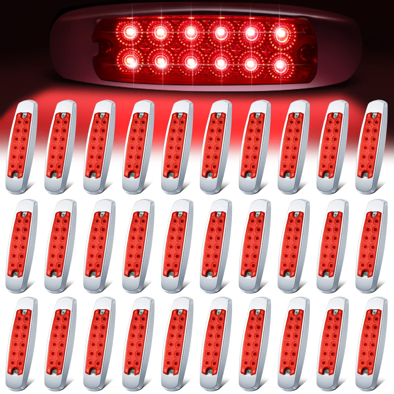 30-Piece LED Side Marker Clearance Lights - 6.4 Inch Waterproof Red Truck & Trailer Lights with 12 Diodes for Front/Rear Cab, RV & Semi-Truck - Perfect for Night Driving & Road Safety
