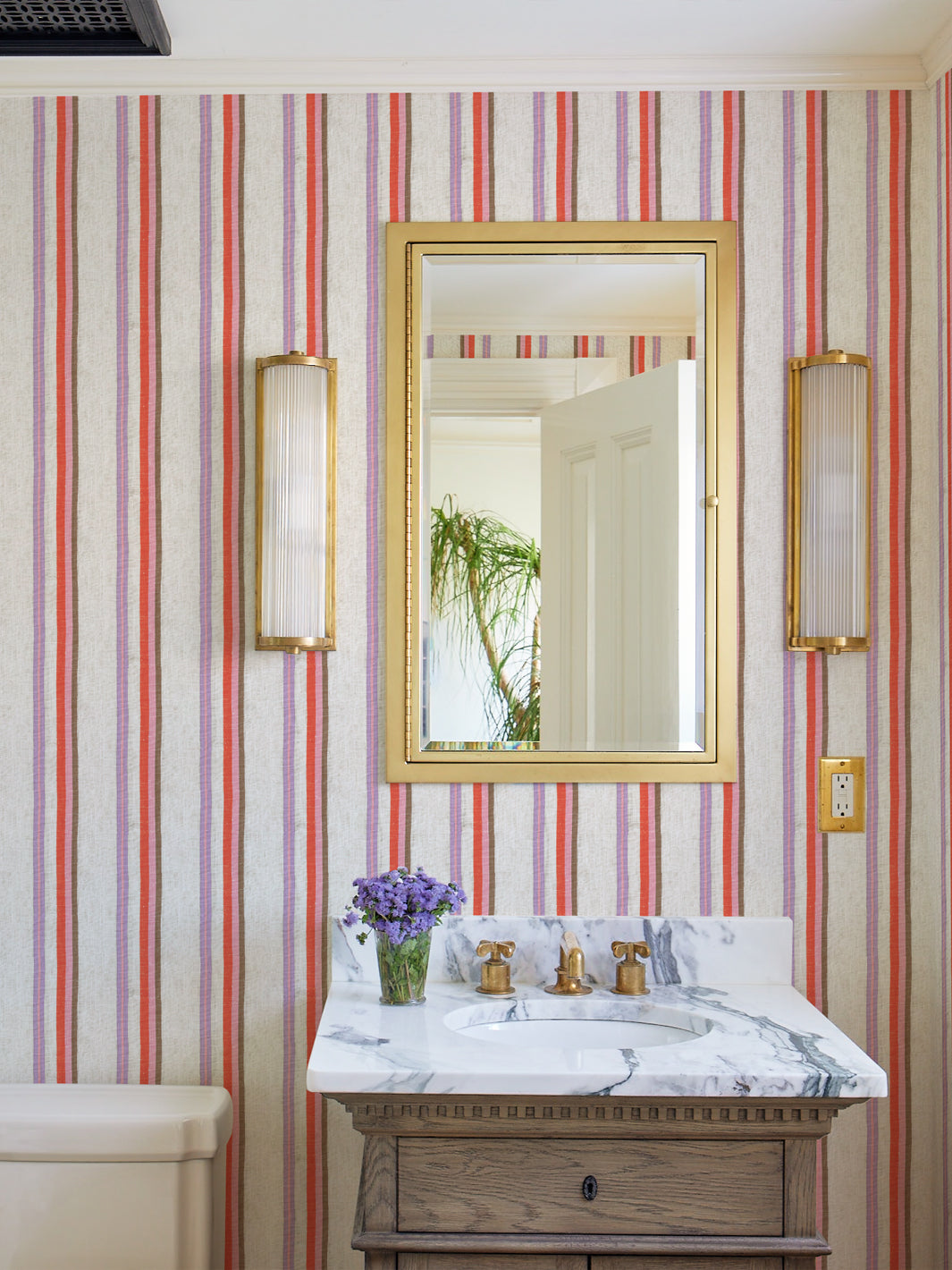 Lingua Franca 'Life is a Banquet' Stripe Wallpaper - Lilac & Melon Floral Pattern | Perfect for Bedroom, Living Room & Nursery Decor