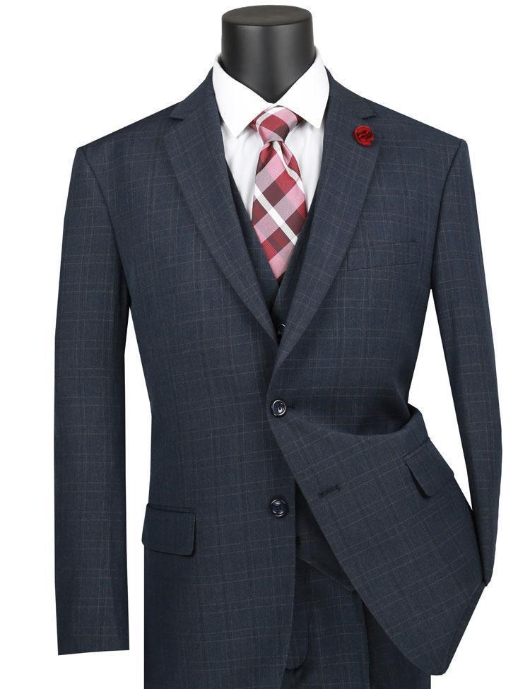 Vinca Collection Navy Glen Plaid Three Piece Suit for Men - Regular Fit Business Formal Attire - Perfect for Weddings, Office Meetings & Special Occasions
