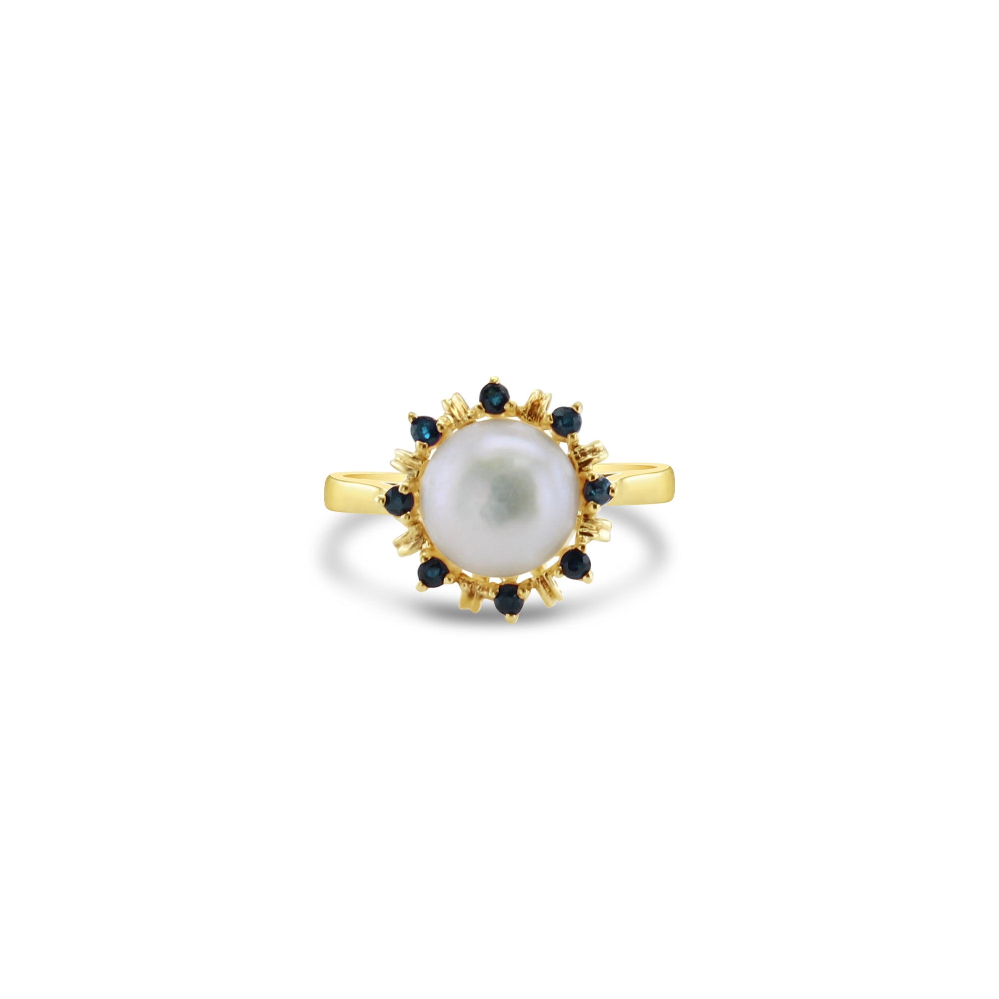 8MM Genuine Pearl Ring with Sapphire Halo in 14k Yellow Gold - Elegant Bridal Jewelry & Anniversary Gift for Women