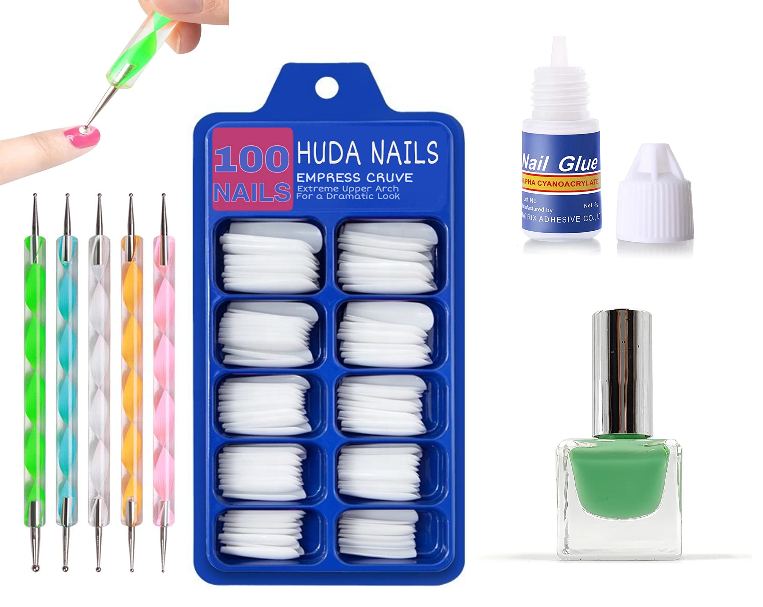 Huda Beauty Nail Art Kit for Girls - 100Pcs Fake Nails with Glue, 5 Nail Dotting Pens & Long-Lasting Light Green Polish | DIY Manicure, Salon Quality at Home, Party & Special Occasion Nails