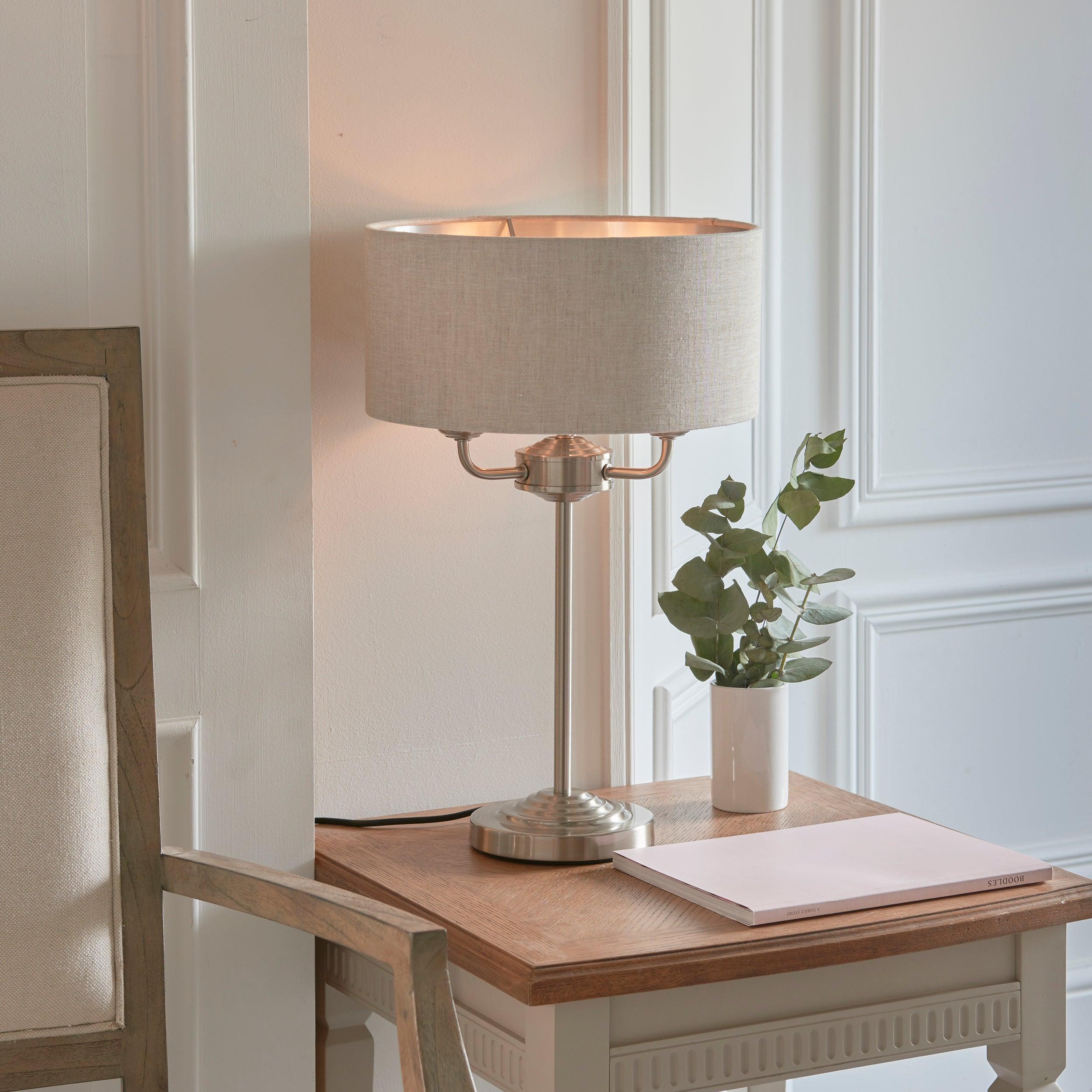 Endon Highclere Brushed Chrome 3-Light Table Lamp with Linen Shade - Perfect for Bedroom Nightstand, Living Room End Table, or Office Desk Lighting