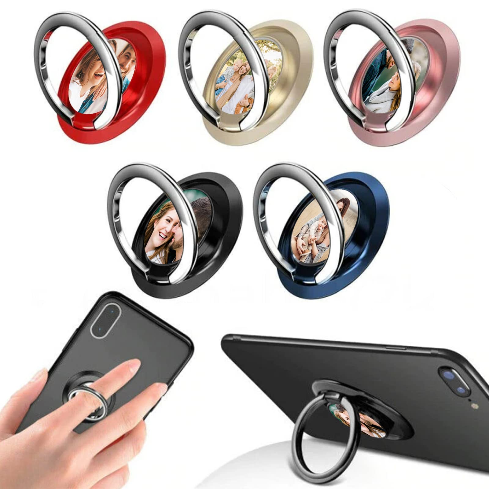Custom Phone Ring Holder with Photo & Logo - 360° Rotating Kickstand for Phones & Cases - Perfect for Selfies & Hands-Free Use