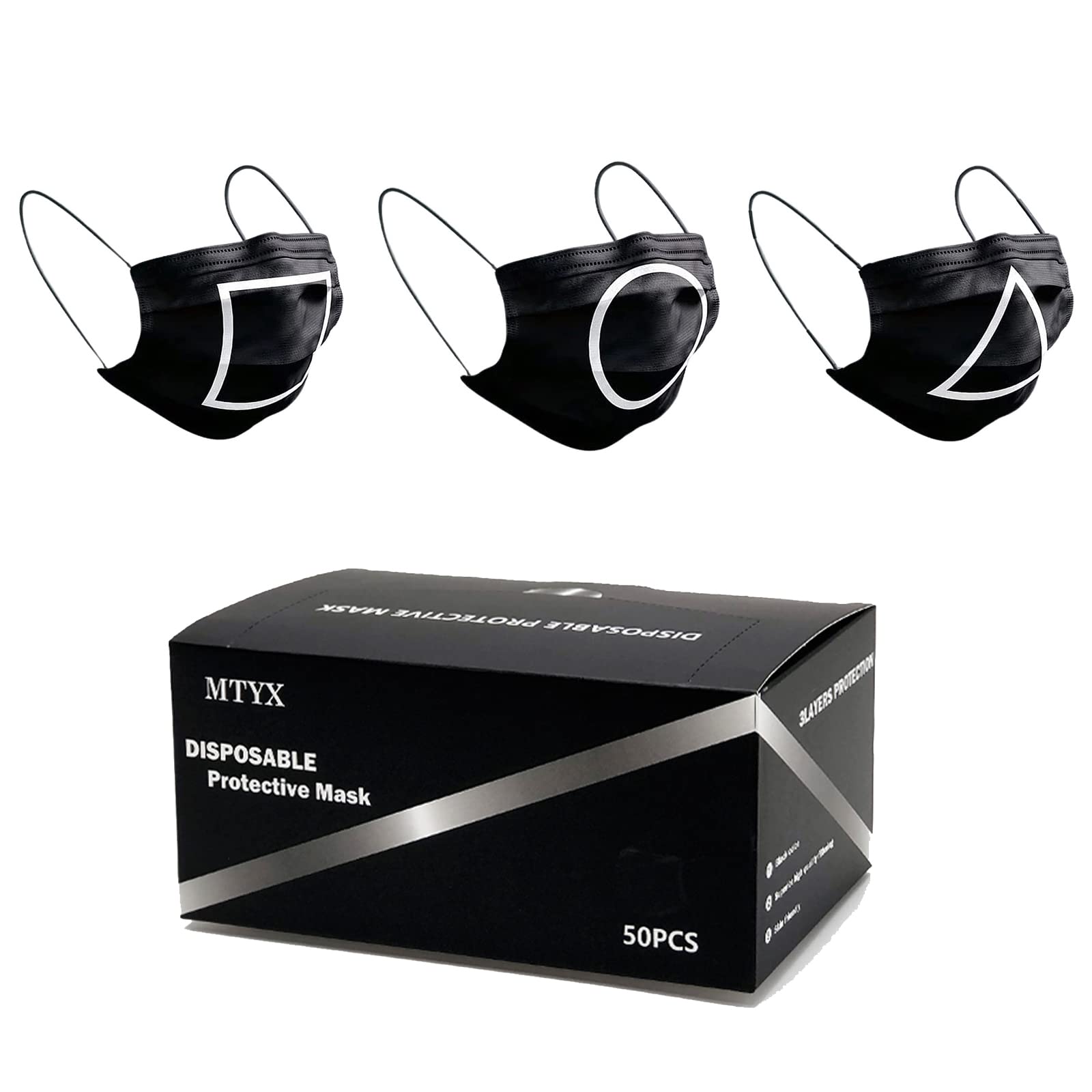 MTYX Black Disposable Face Masks 50PCS - 3 Ply Breathable for Adults - Daily Protection & Travel