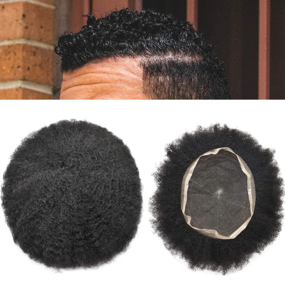 Men's Afro Curly Toupee Hairpiece for Black Men - African American Kinky Brazilian Remy Hair System with Transparent Lace (Jet Black with 10% Synthetic Grey, 6mm Wave) | Perfect for Daily Wear, Cosplay & Hair Loss Solutions