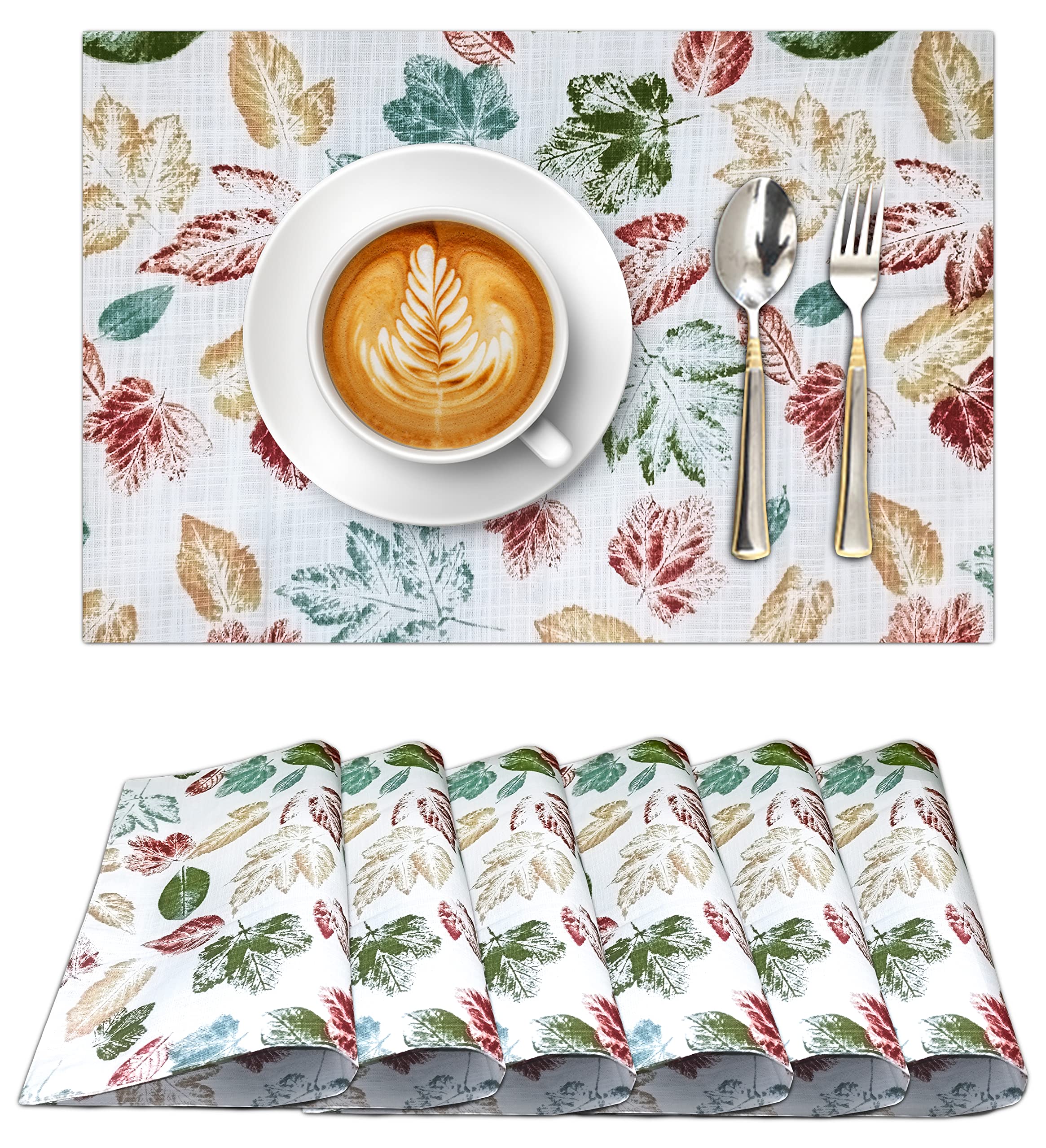 Premium Cotton Placemats Set of 6 - 13x19 Inch Woven Table Mats with Stamped Leaves Design for Farmhouse, Spring, Christmas & Thanksgiving | 100% Natural Cotton Dining Table Decor for Holiday Gatherings & Everyday Meals
