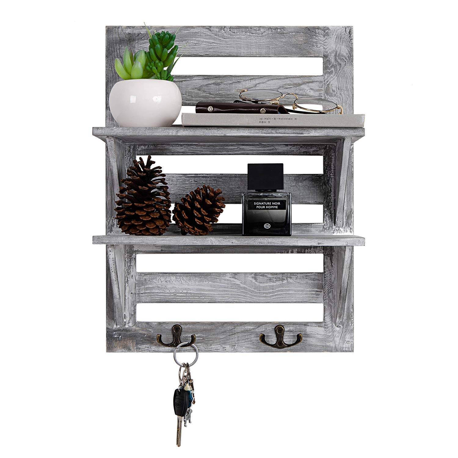 Rustic Wooden Wall Mounted Organizer Shelf with 2 Hooks - 2-Tier Storage Rack for Kitchen, Bathroom & Living Room - Farmhouse Decor in Grayish White - Perfect for Organizing Spices, Towels & Decorative Items