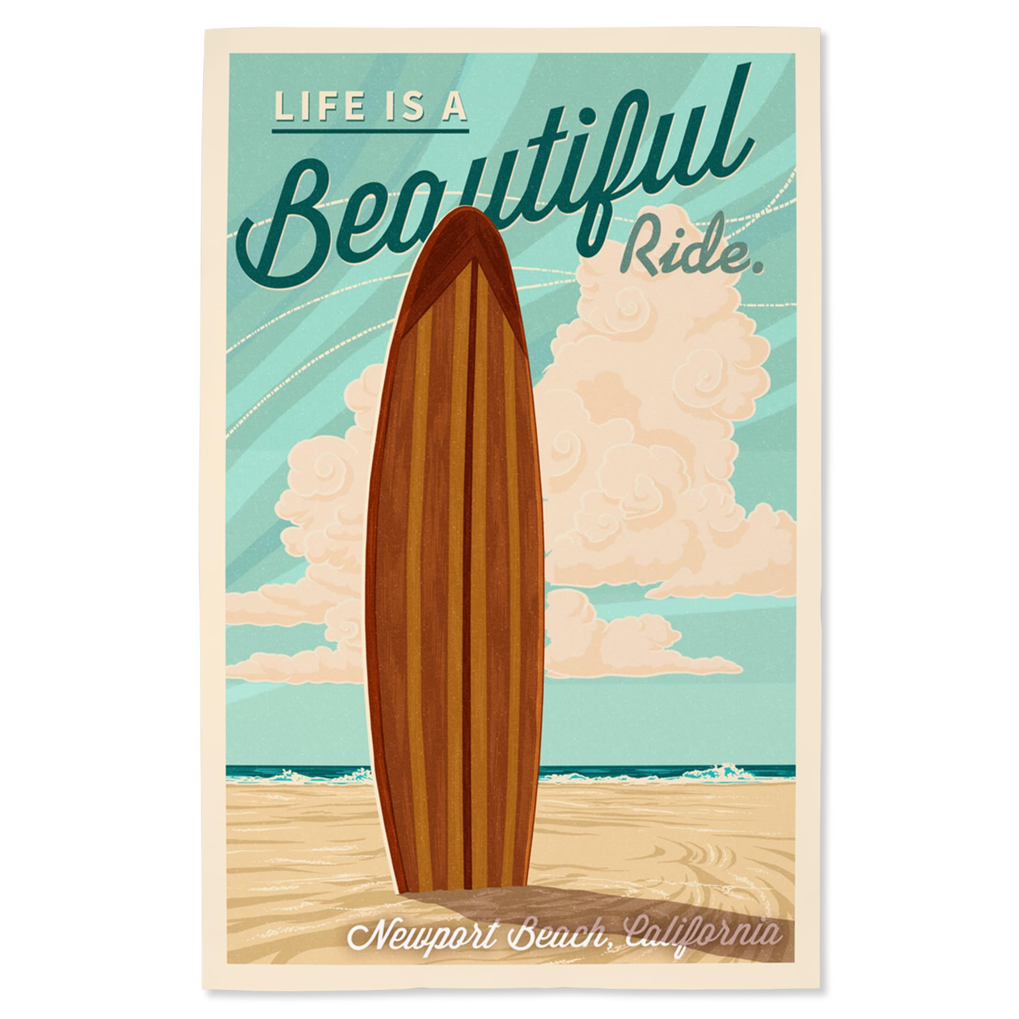 Lantern Press 16x24 Inch Giclee Art Print - Newport Beach California Surfboard Letterpress Wall Decor - 'Life is a Beautiful Ride' Coastal Art for Beach House, Living Room & Office