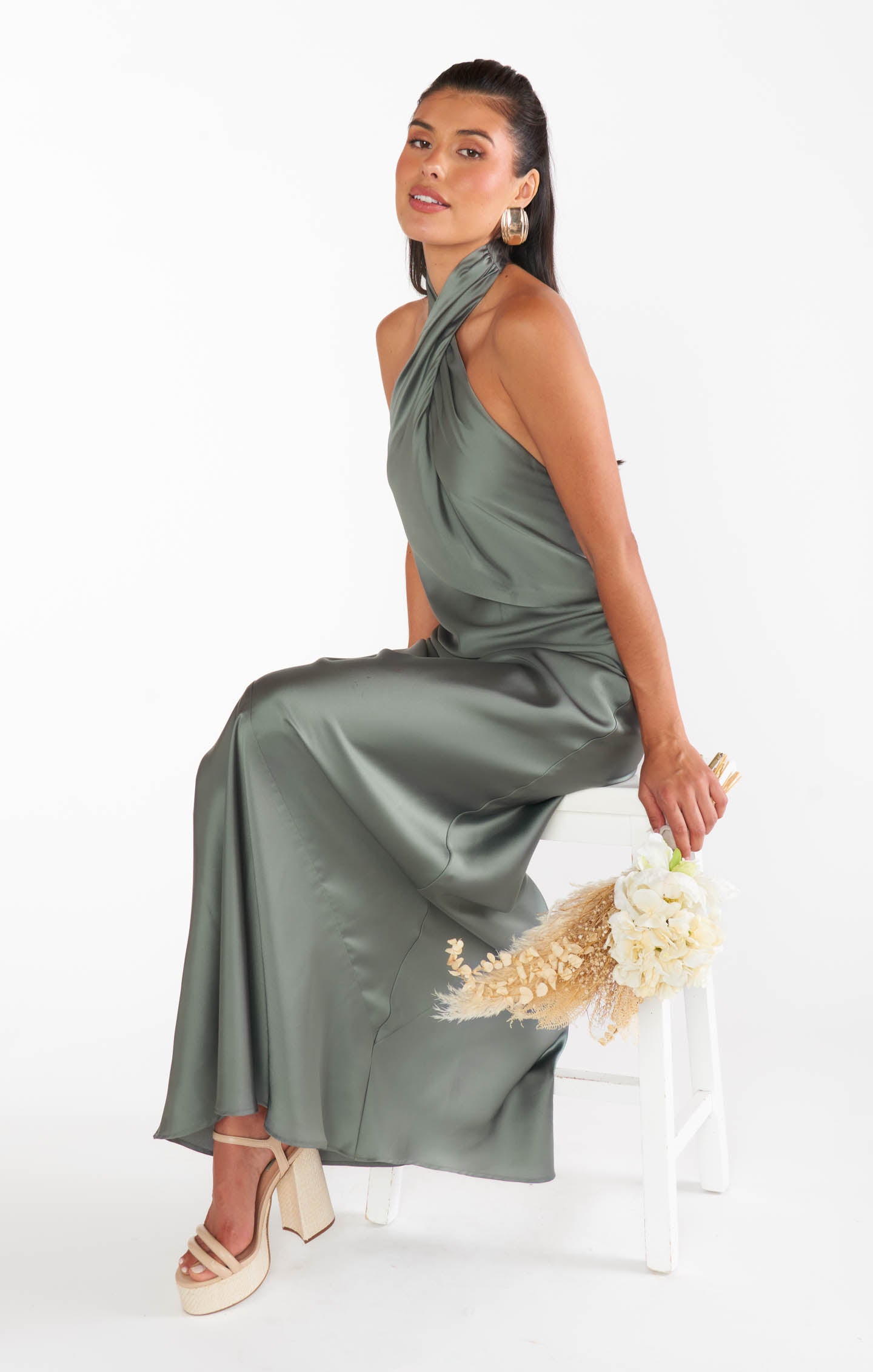 Luxury Deep Sage Satin Jasmine Halter Maxi Dress - Elegant Formal & Summer Wedding Guest Dress for Women