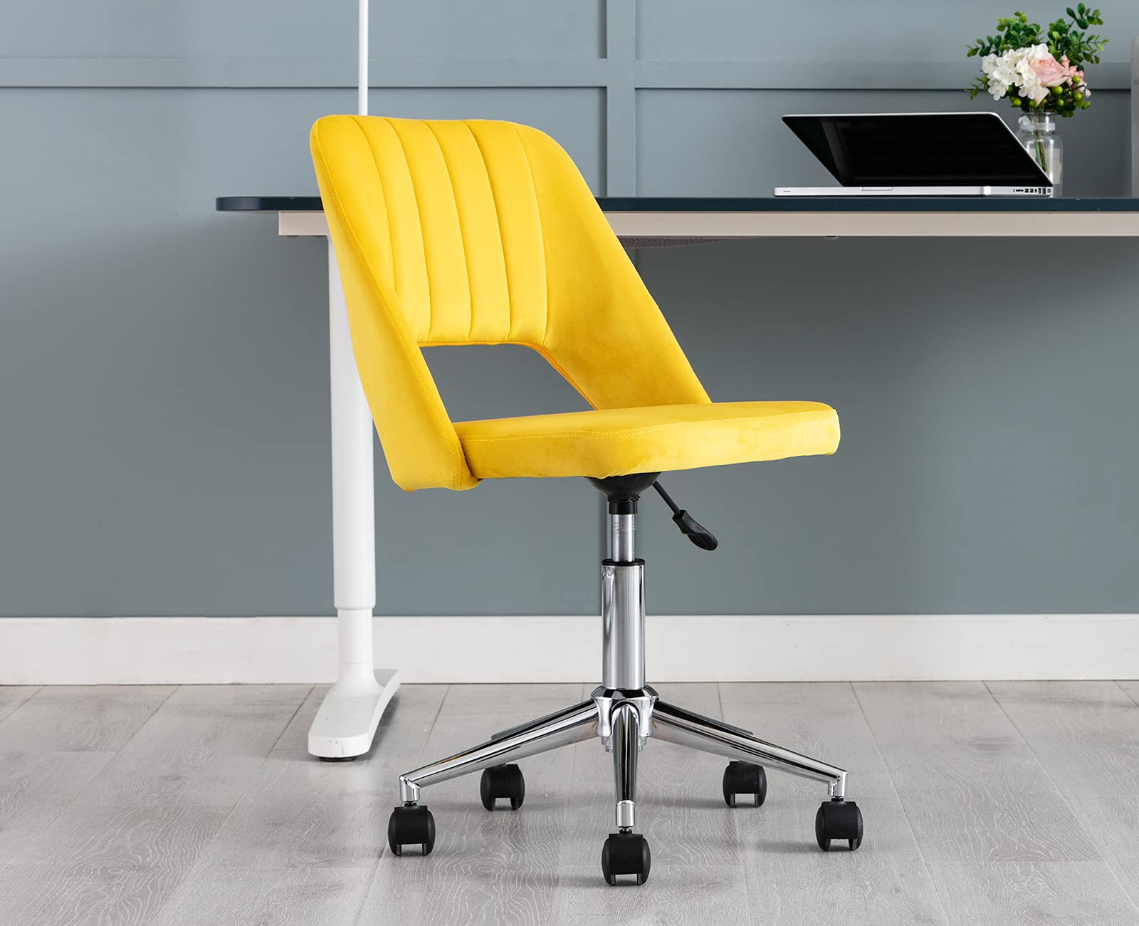 Cute Velvet Swivel Office Chair for Teen Girls - Mid Back Hollow Design Armless Task Chair with Chrome Base, Perfect for Home Office, Bedroom, Living Room & Study Room (Yellow) - Ideal for Studying, Working & Relaxing