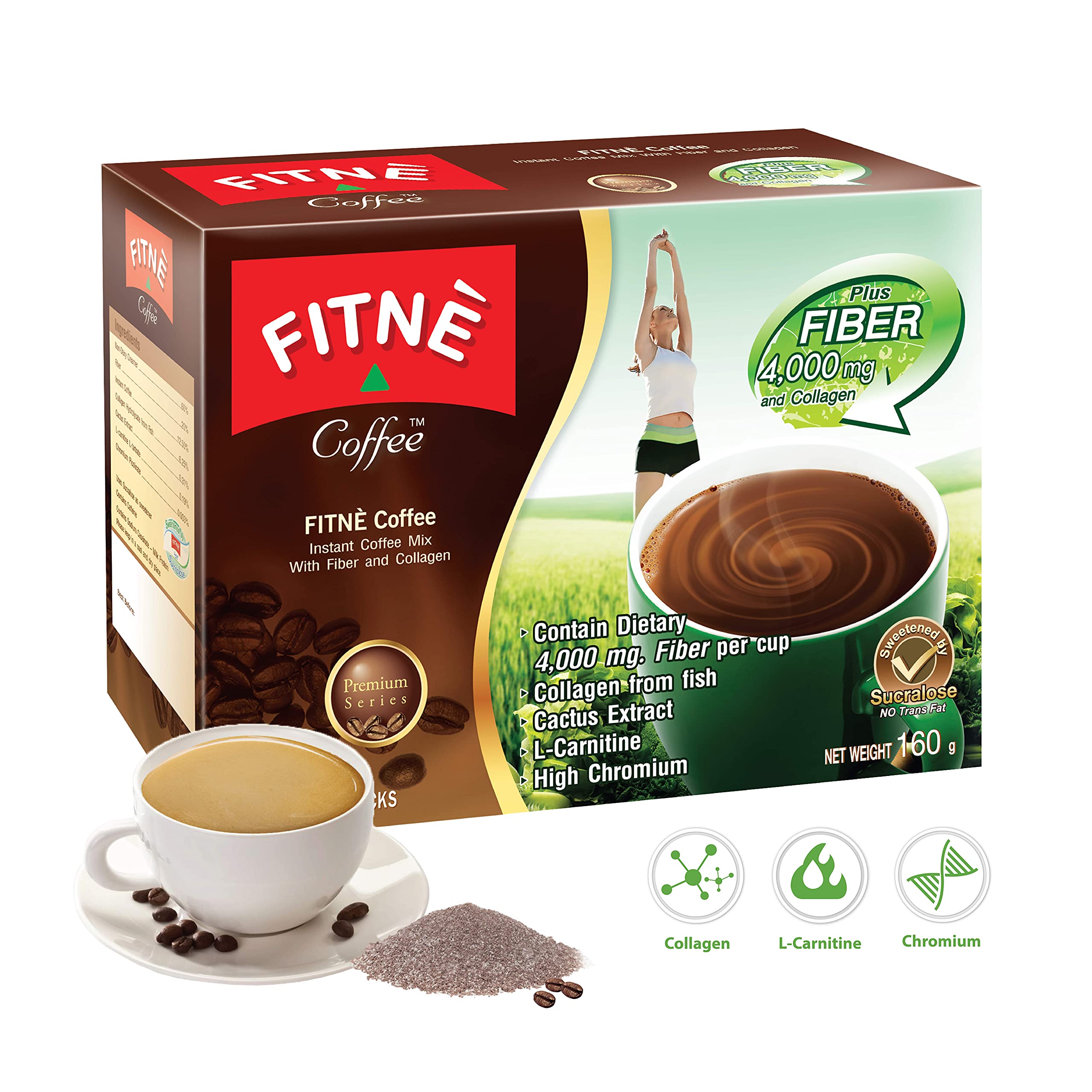 FITNE Premium Instant Coffee Packets with 4,000mg Fiber, Collagen, Cactus Extract & L-Carnitine - Sugar-Free, Chromium-Rich, Sucralose Sweetener (10 Sticks) - Perfect for Weight Management & Energy Boost at Home or Office