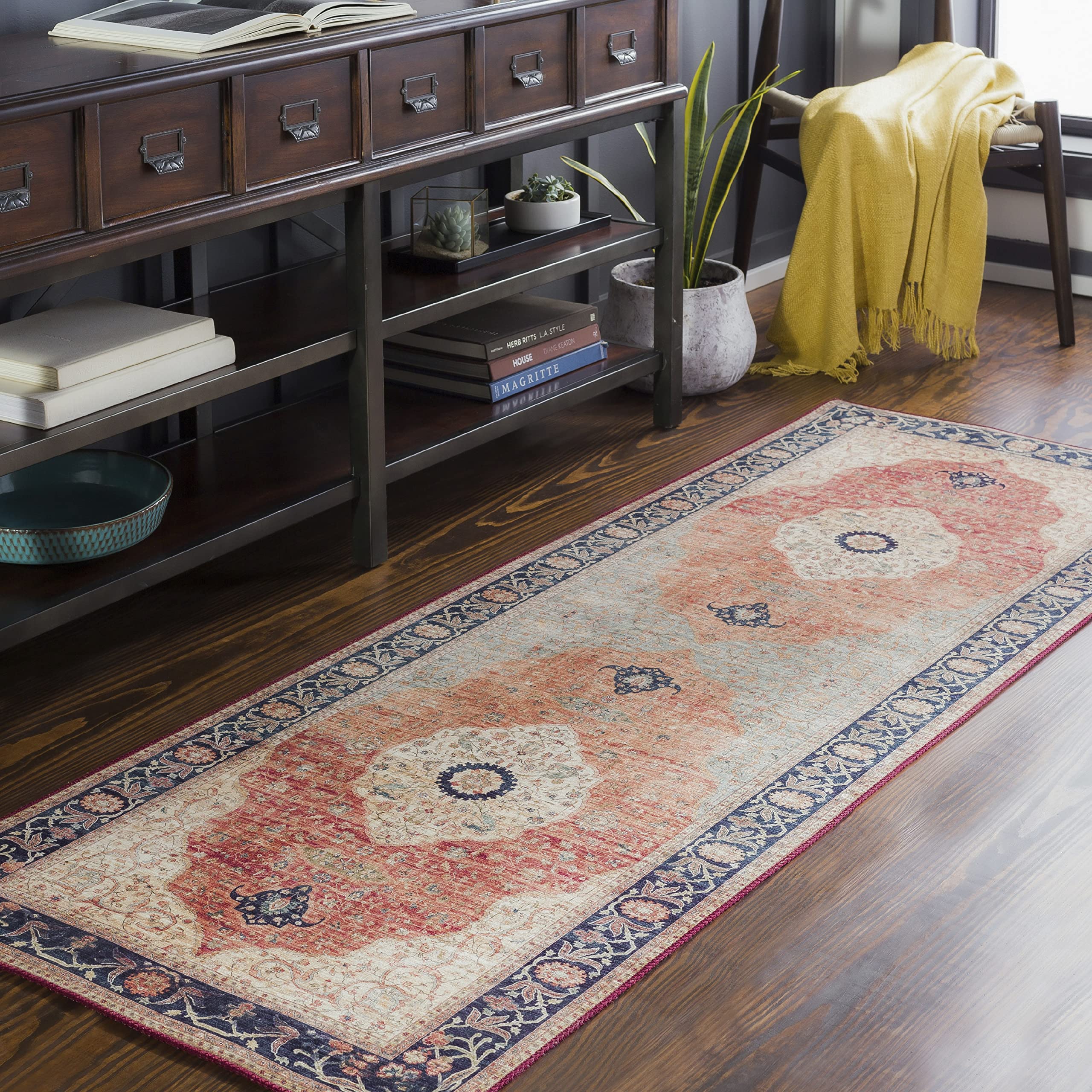 Mark&Day Traditional Burnt Orange Runner Rug 2x8 - Lijndonk Handmade Area Carpet in Blue & Brown for Hallway, Bedroom, Kitchen - Non-Slip Floor Mat (2'6