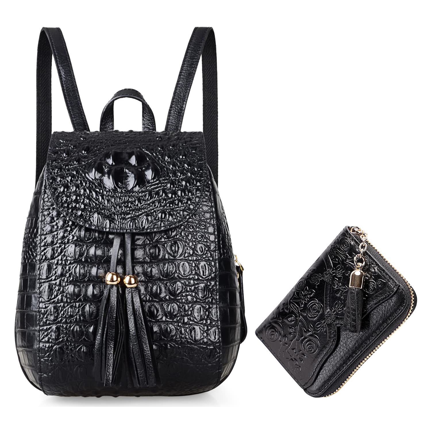 PIJUSHI Small Crocodile Leather Backpack Purse for Women - Stylish Casual Crocodile Print Handbag with Matching Floral Card Wallet & Tassel | Perfect for Work, Travel & Everyday Use