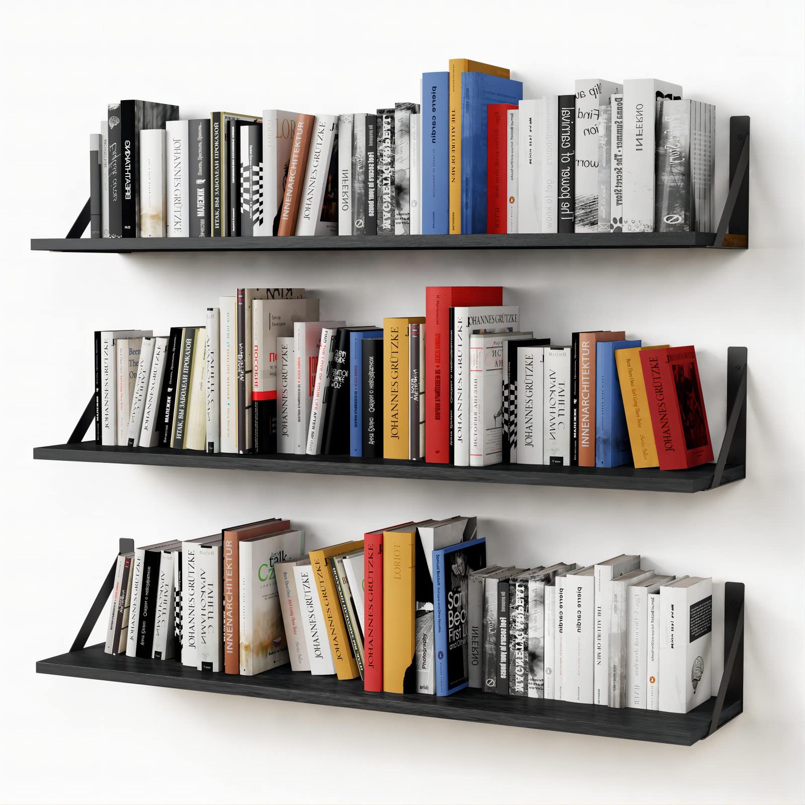 Forbena 36 Inch Floating Shelves Set of 3 - 8 Inch Deep Wall Mounted Shelves for Bedroom, Living Room & Library - Heavy Duty Wide Shelving for Books, Storage & Closet Organizers - Black - Perfect for Home Decor, Display & Organization