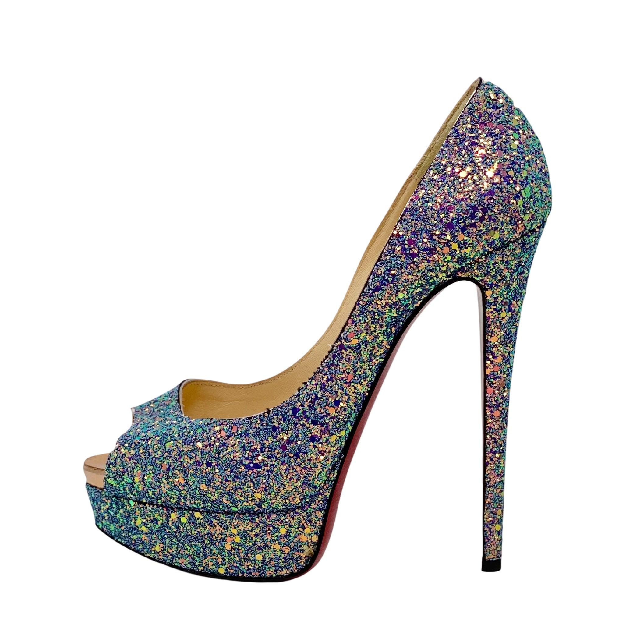 Christian Louboutin Dragonfly Glitter Lady Peep Pumps Size 38.5 - Luxury High Heels for Women, Perfect for Evening Parties, Weddings & Special Occasions