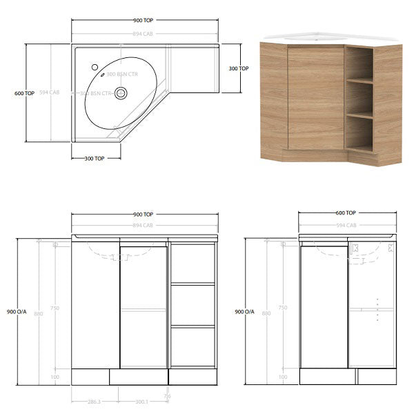 ADP Glacier Pro Floor Standing Corner Vanity with Cast Marble Top - 3-Piece Door & Shelf Set for Bathroom Organization | Perfect for Small Spaces & Modern Home Decor